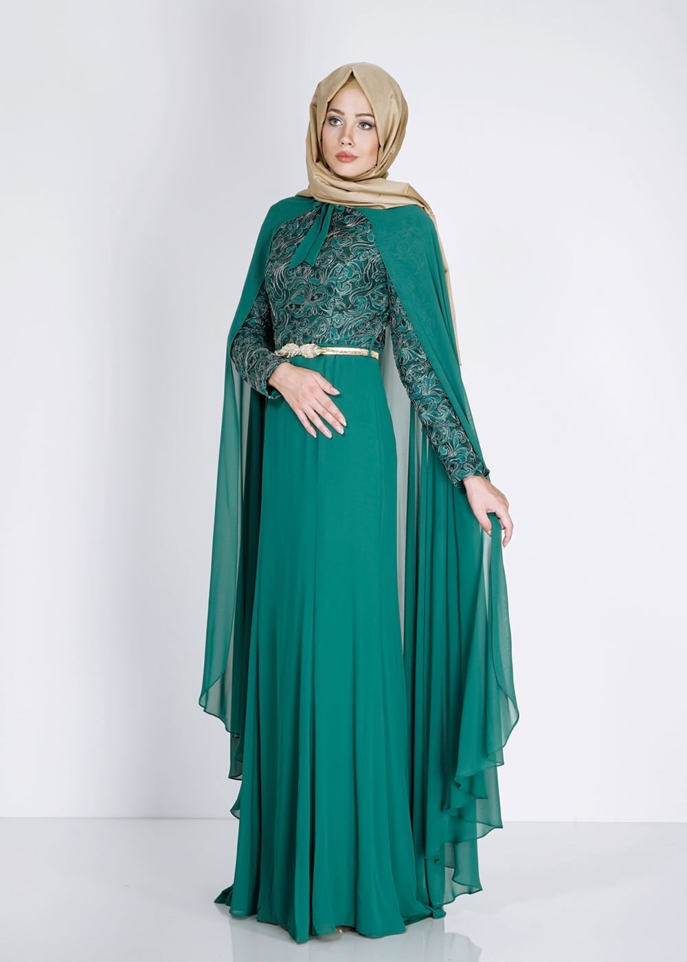 Tesettür giyim YEŞİL DESENLİ PELERİN DETAYLI ŞİFON ABİYE ELBİSE 5132