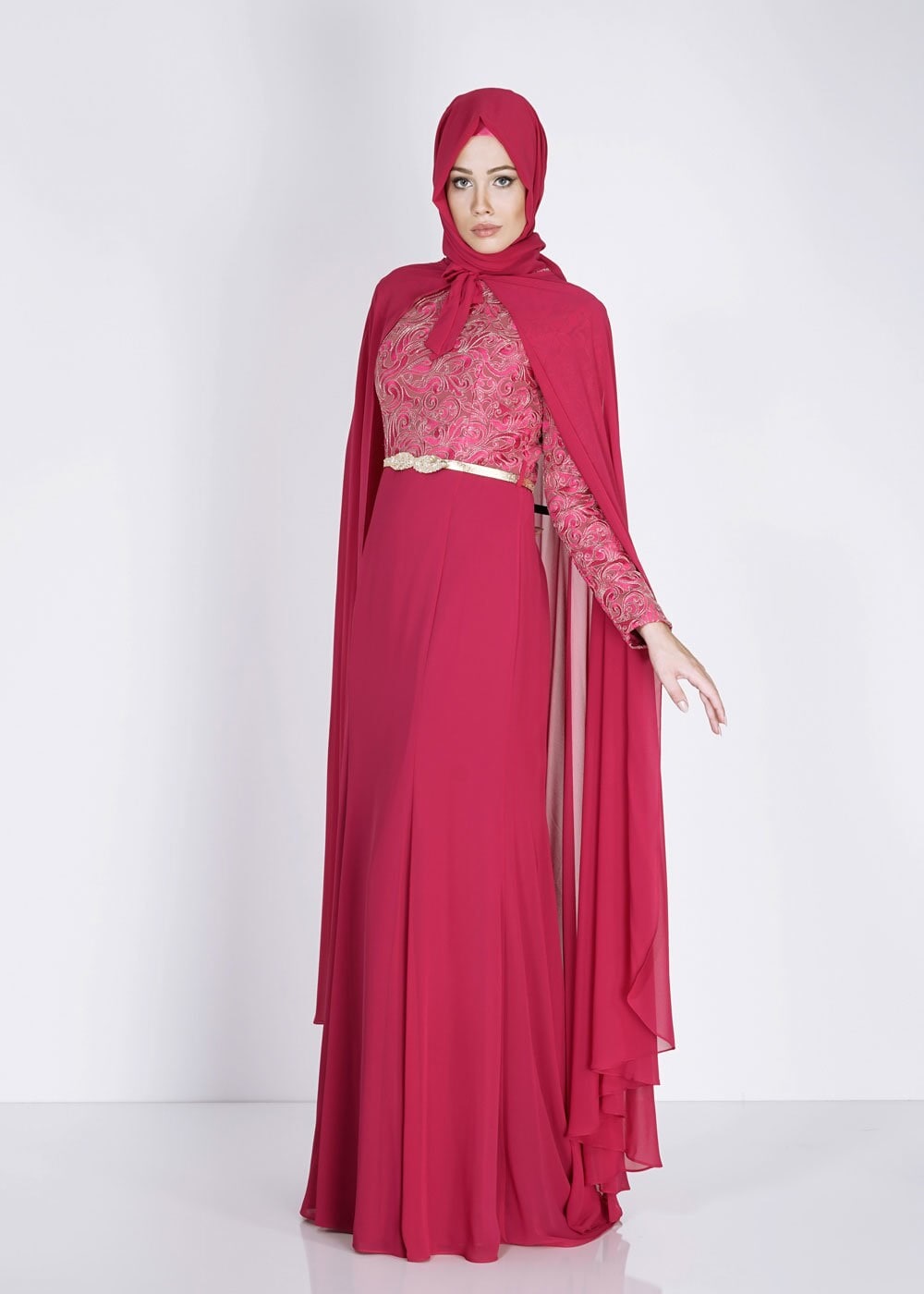 Tesettür giyim FUŞYA DESENLİ PELERİN DETAYLI ŞİFON ABİYE ELBİSE 5132