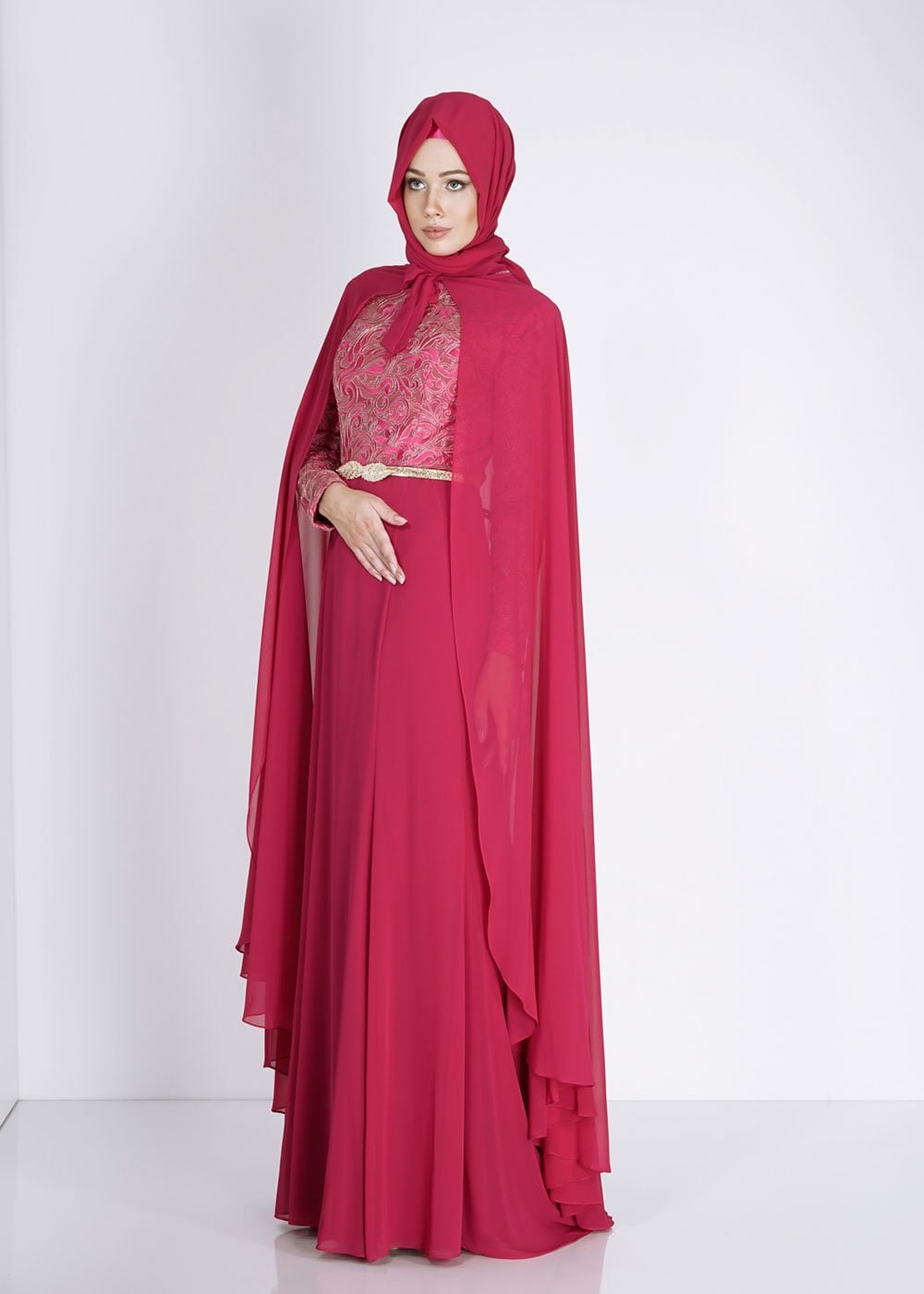 Tesettür giyim FUŞYA DESENLİ PELERİN DETAYLI ŞİFON ABİYE ELBİSE 5132