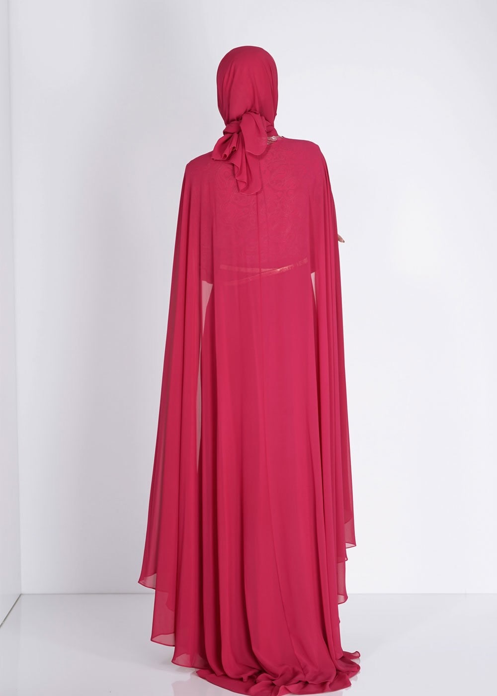 Tesettür giyim FUŞYA DESENLİ PELERİN DETAYLI ŞİFON ABİYE ELBİSE 5132