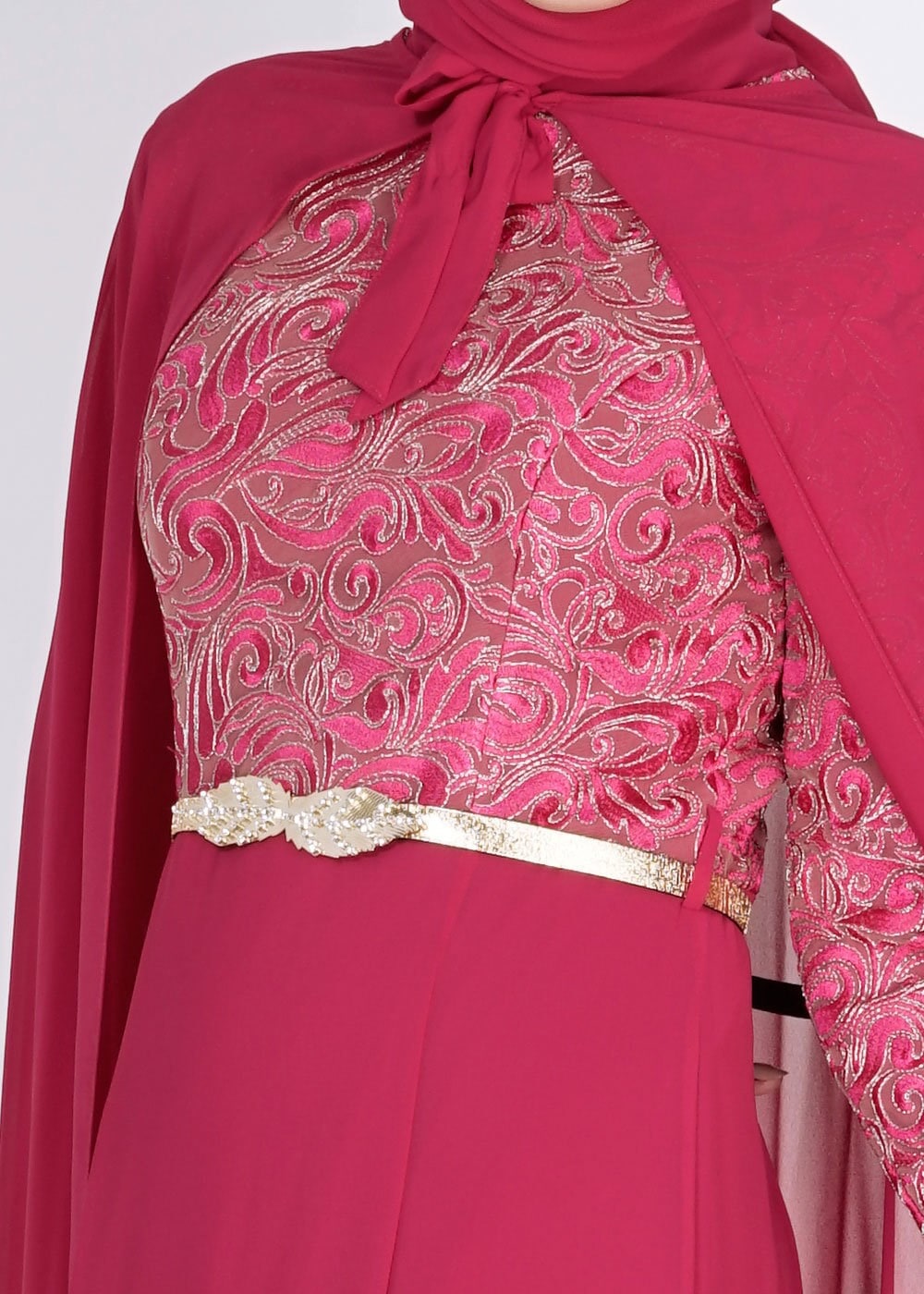 Tesettür giyim FUŞYA DESENLİ PELERİN DETAYLI ŞİFON ABİYE ELBİSE 5132