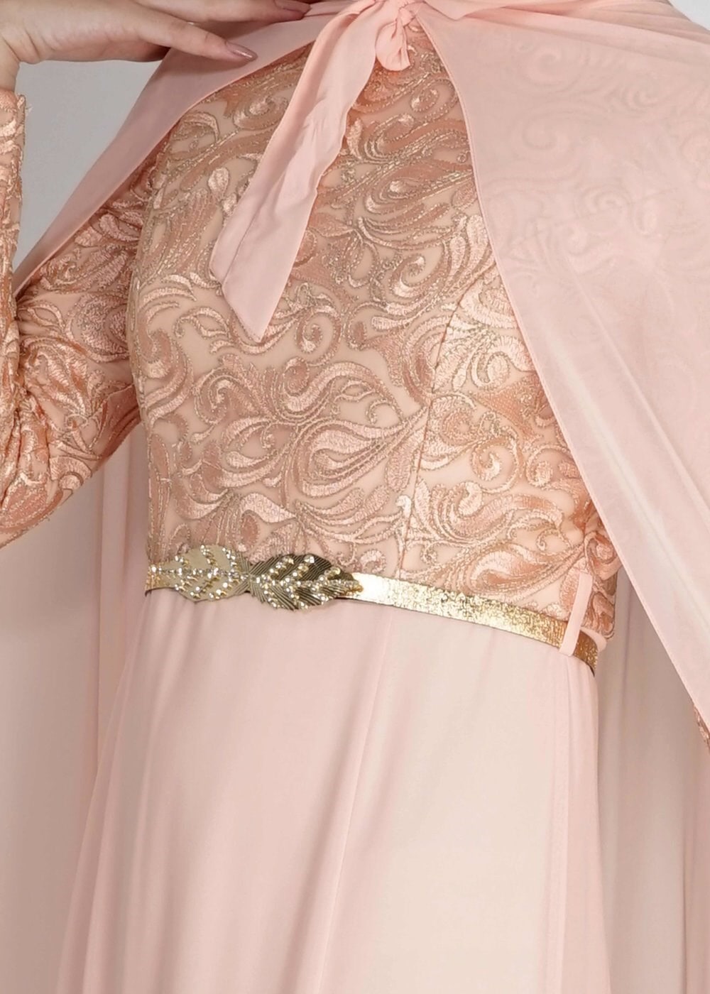 Tesettür giyim PUDRA DESENLİ PELERİN DETAYLI ŞİFON ABİYE ELBİSE 5132