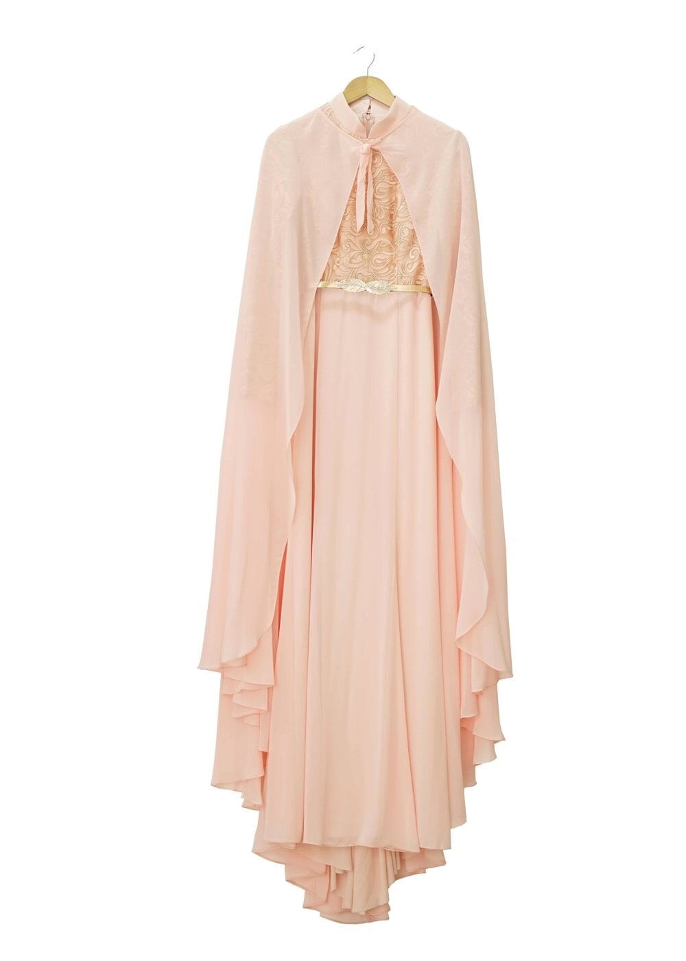 Tesettür giyim PUDRA DESENLİ PELERİN DETAYLI ŞİFON ABİYE ELBİSE 5132