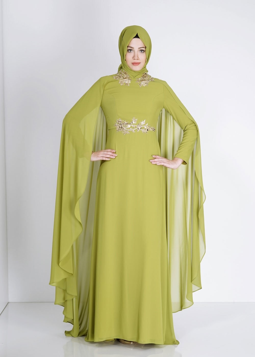 Tesettür giyim YEŞİL İŞLEME DETAYLI ŞİFON ABİYE ELBİSE 5133 