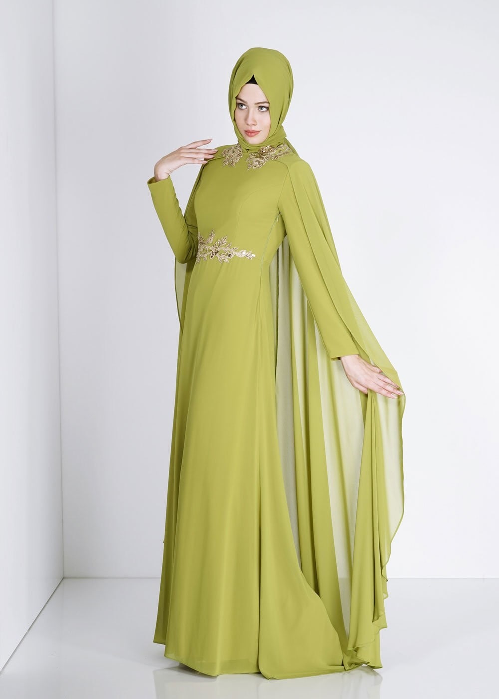 Tesettür giyim YEŞİL İŞLEME DETAYLI ŞİFON ABİYE ELBİSE 5133 