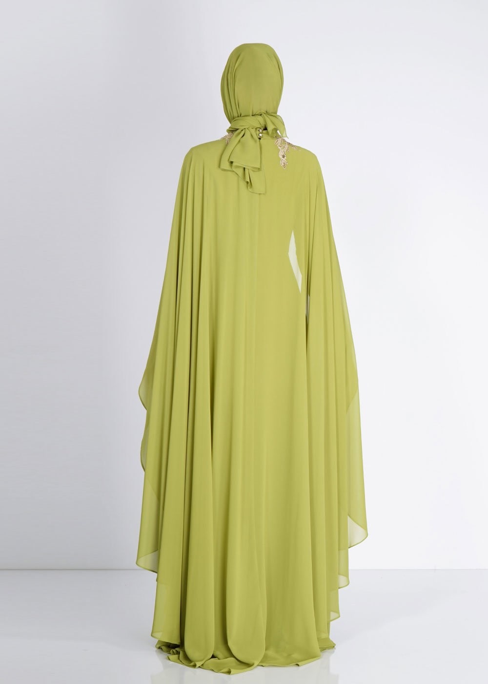 Tesettür giyim YEŞİL İŞLEME DETAYLI ŞİFON ABİYE ELBİSE 5133 