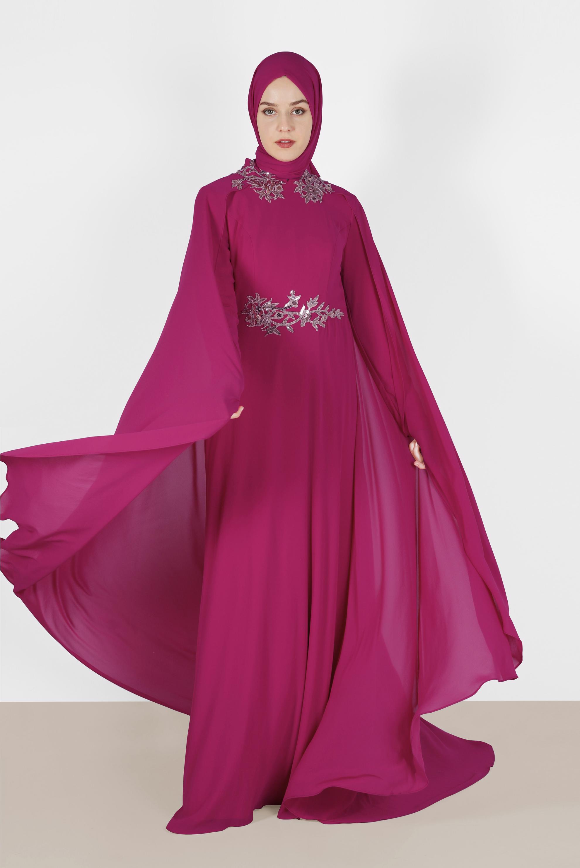 Tesettür giyim FUŞYA İŞLEME DETAYLI ŞİFON ABİYE ELBİSE 5133 