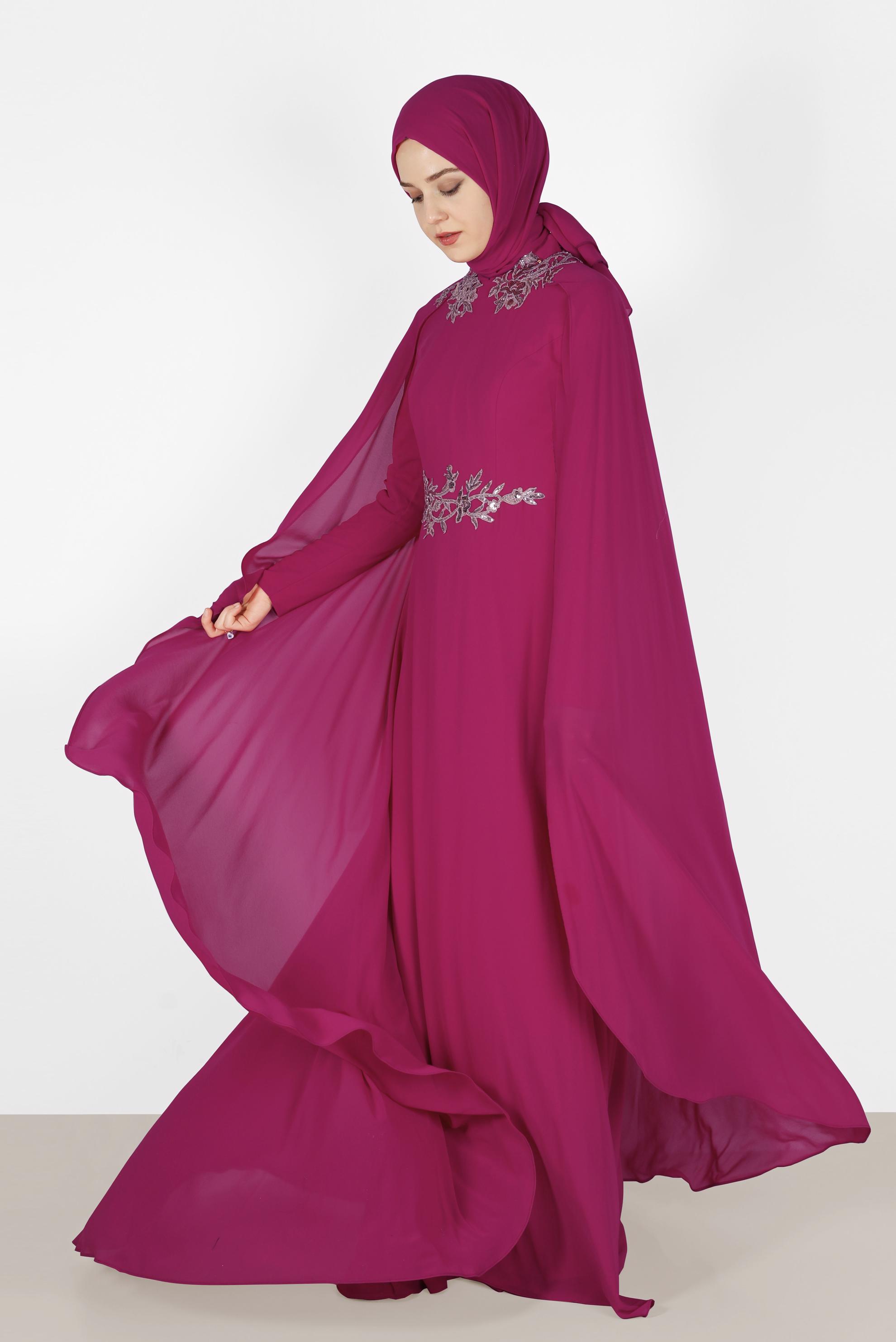Tesettür giyim FUŞYA İŞLEME DETAYLI ŞİFON ABİYE ELBİSE 5133 