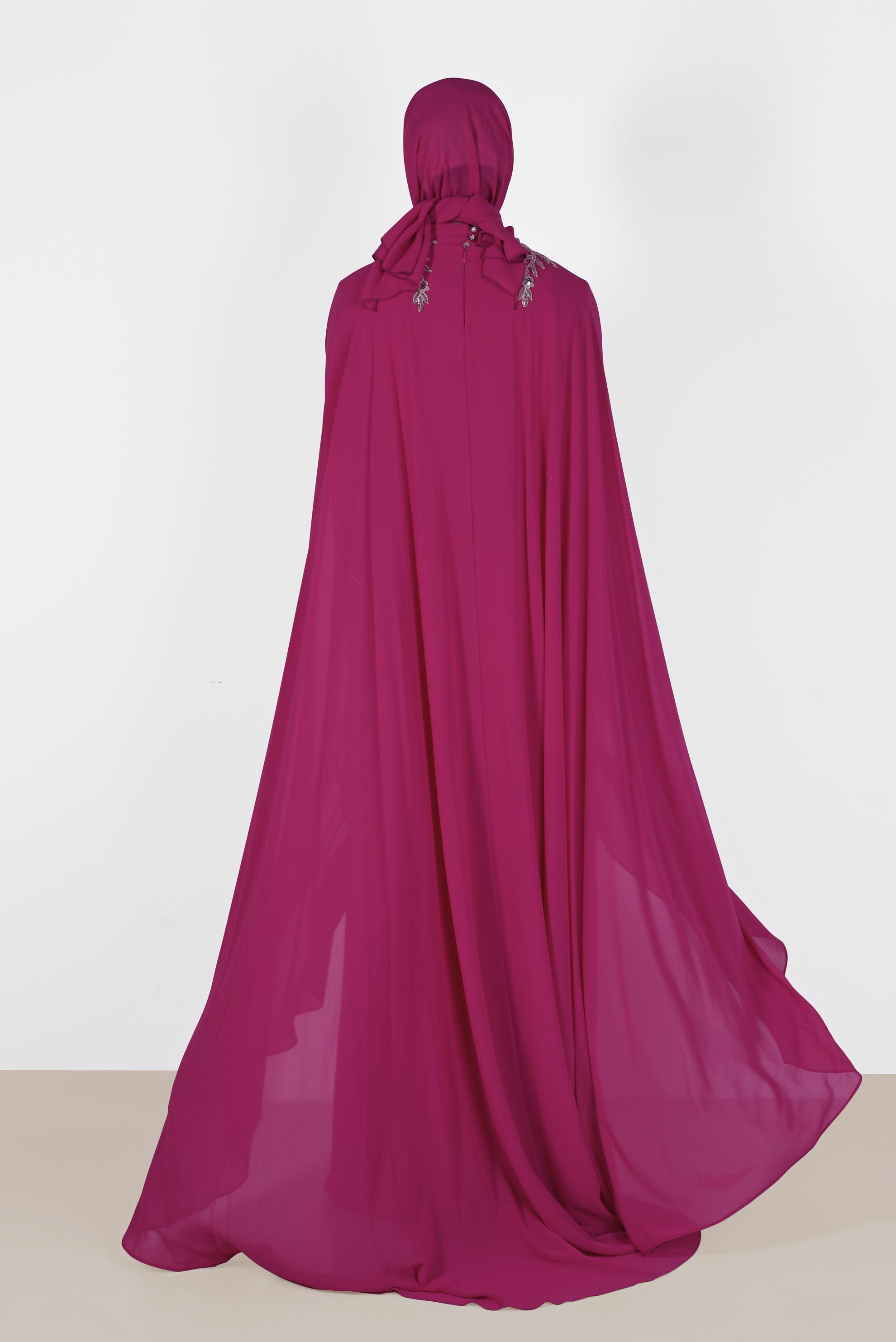Tesettür giyim FUŞYA İŞLEME DETAYLI ŞİFON ABİYE ELBİSE 5133 