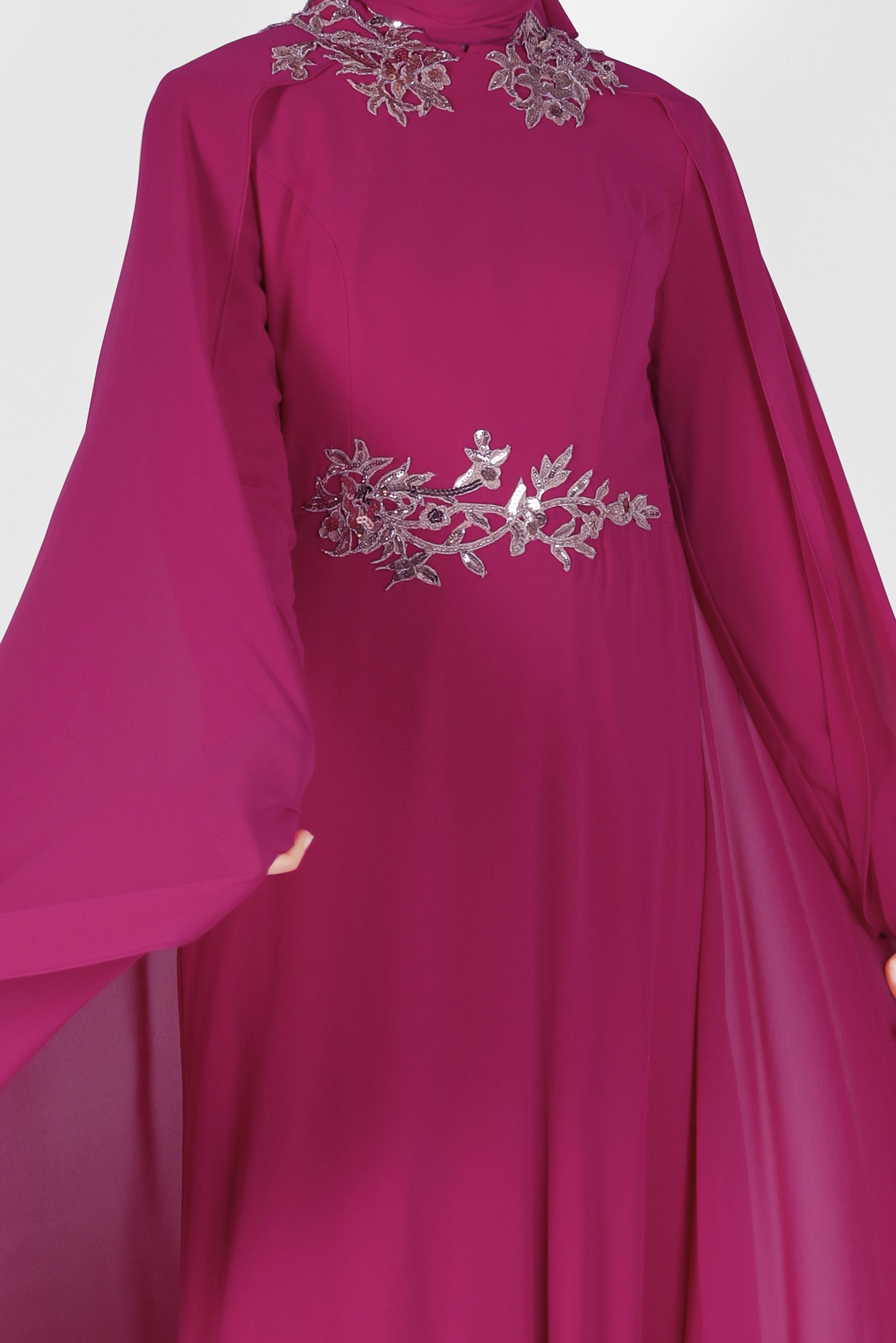 Tesettür giyim FUŞYA İŞLEME DETAYLI ŞİFON ABİYE ELBİSE 5133 
