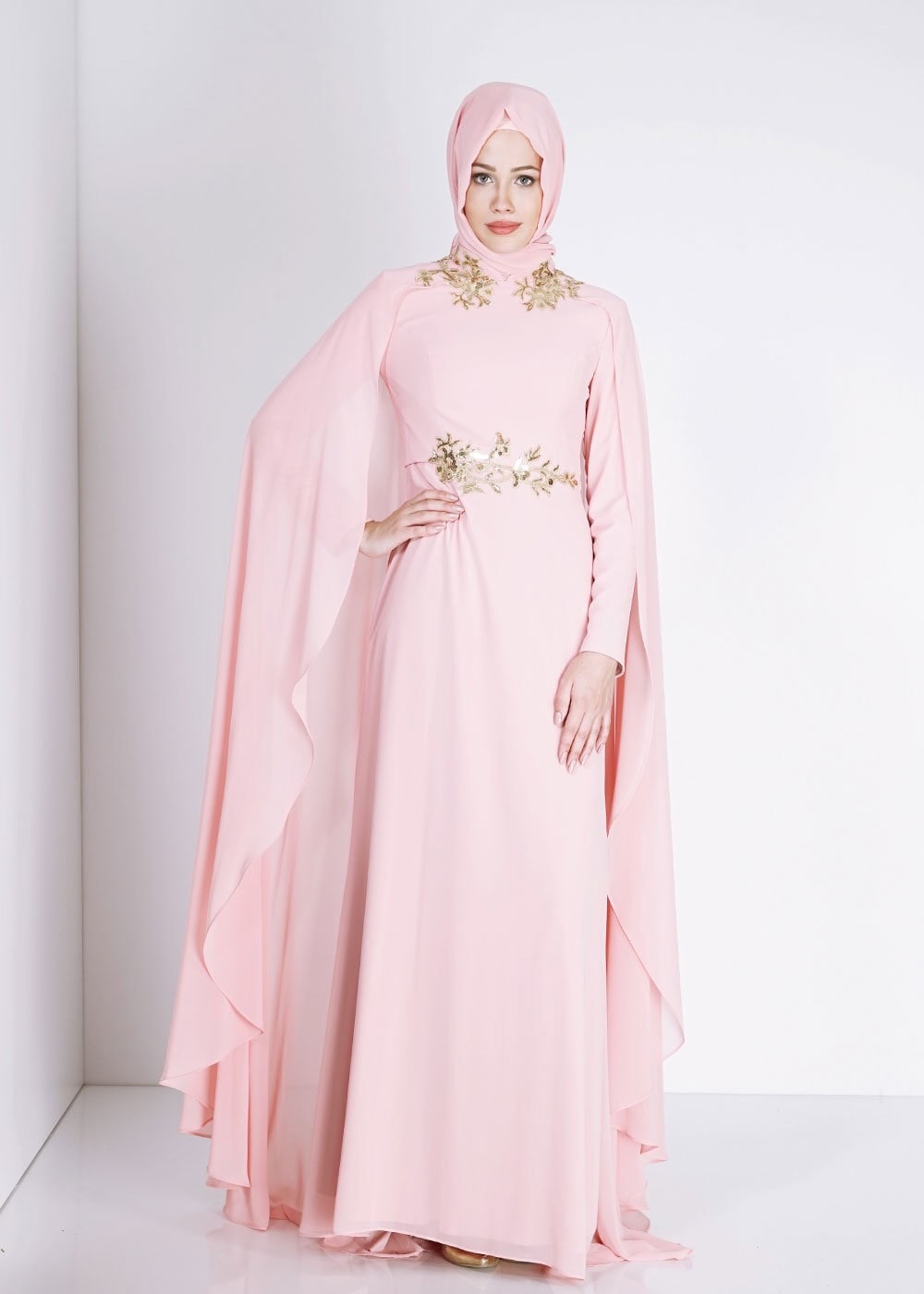 Tesettür giyim PUDRA İŞLEME DETAYLI ŞİFON ABİYE ELBİSE 5133 