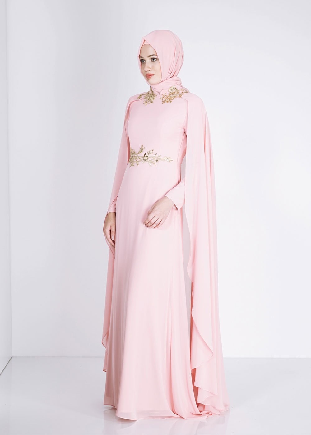 Tesettür giyim PUDRA İŞLEME DETAYLI ŞİFON ABİYE ELBİSE 5133 