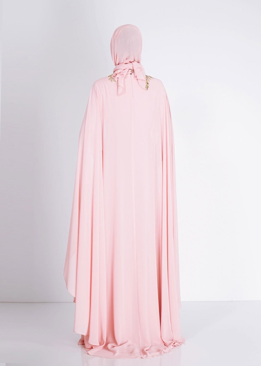 Tesettür giyim PUDRA İŞLEME DETAYLI ŞİFON ABİYE ELBİSE 5133 