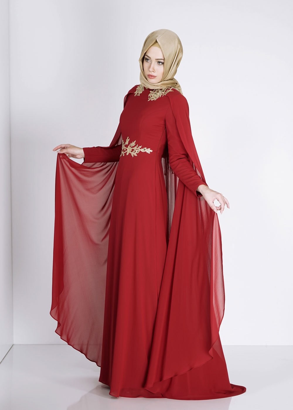 Tesettür giyim BORDO İŞLEME DETAYLI ŞİFON ABİYE ELBİSE 5133 
