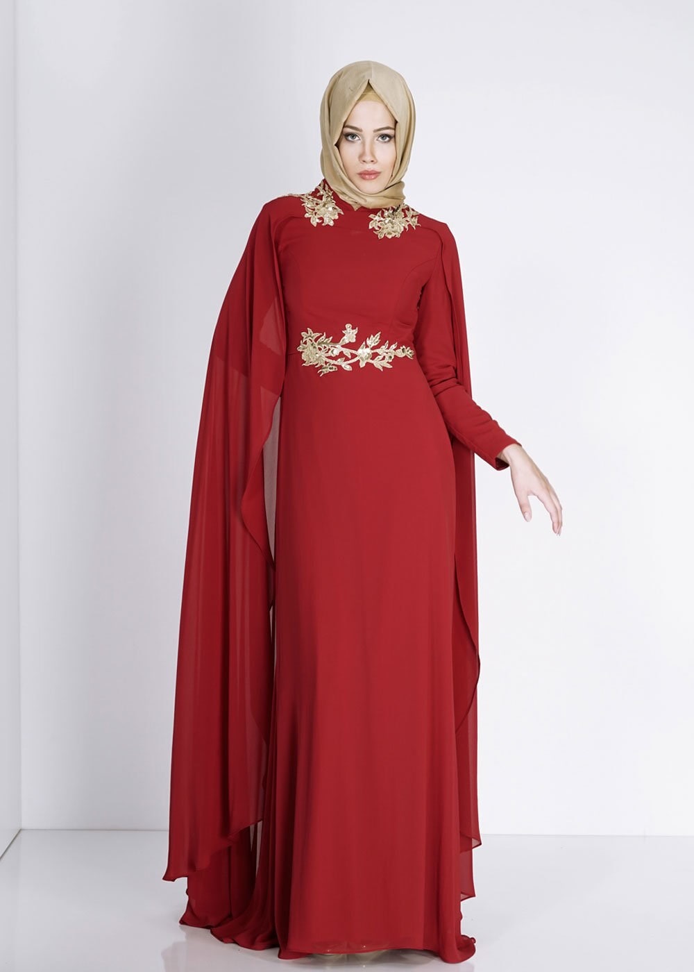 Tesettür giyim BORDO İŞLEME DETAYLI ŞİFON ABİYE ELBİSE 5133 