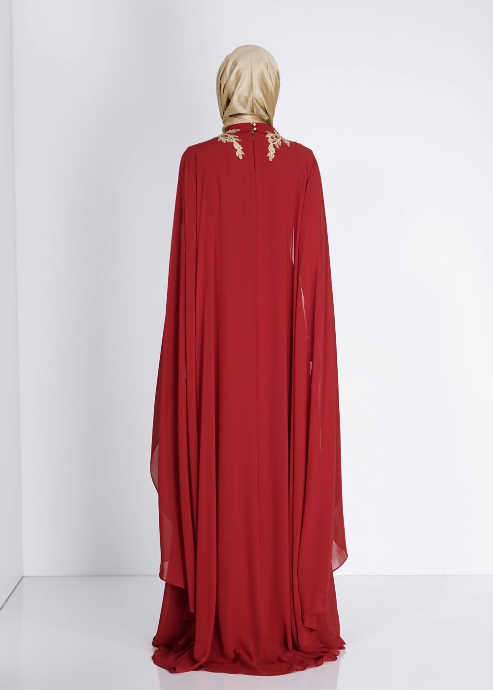 Tesettür giyim BORDO İŞLEME DETAYLI ŞİFON ABİYE ELBİSE 5133 