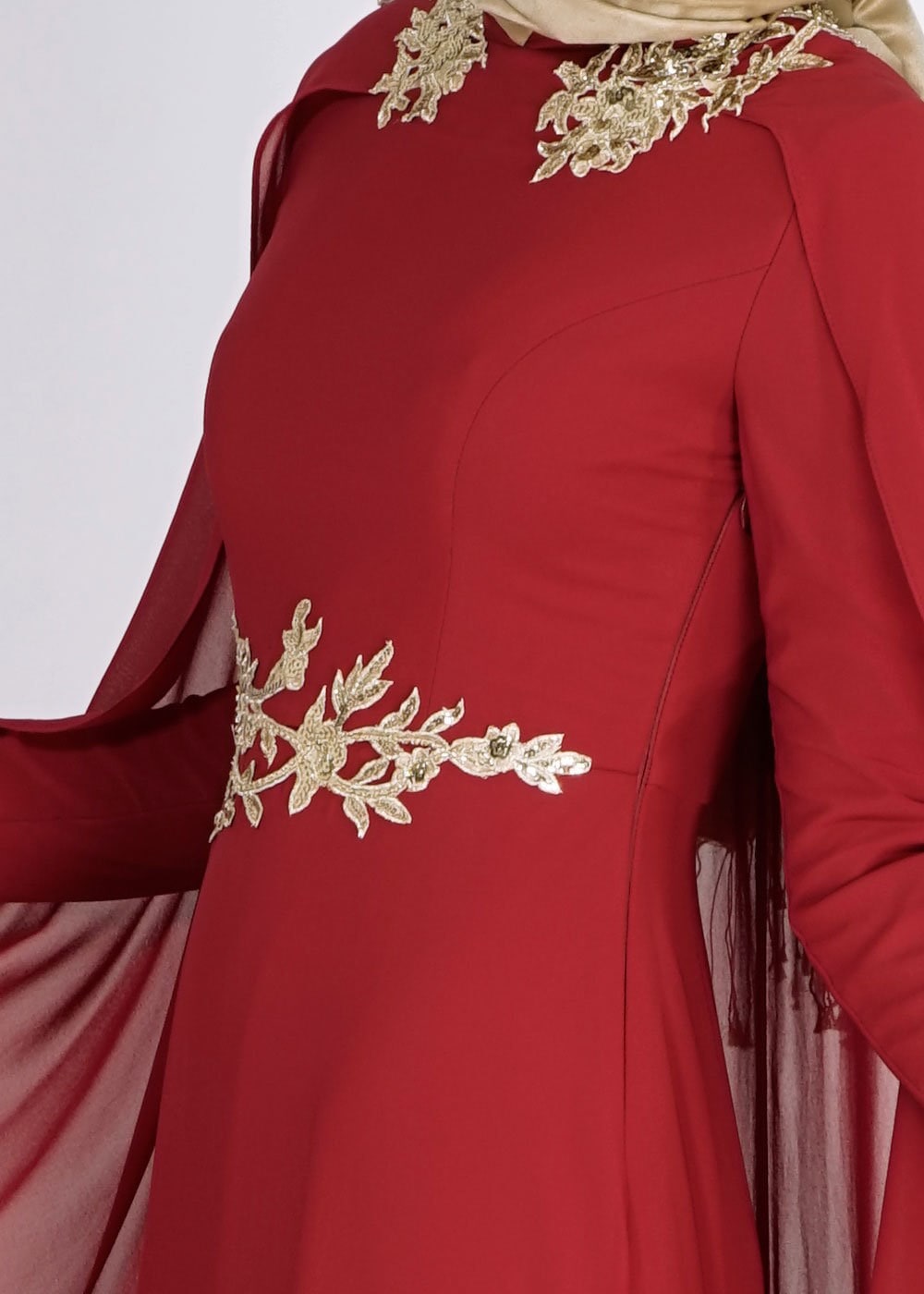 Tesettür giyim BORDO İŞLEME DETAYLI ŞİFON ABİYE ELBİSE 5133 