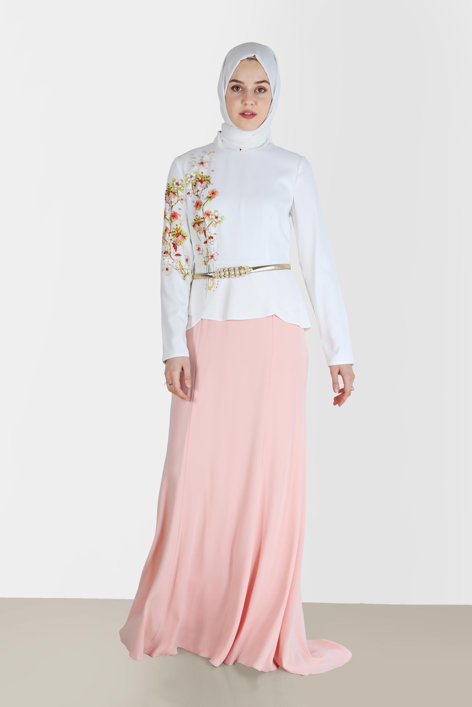 Tesettür giyim PUDRA ÇİÇEK DESEN DETAYLI ABİYE 5136 