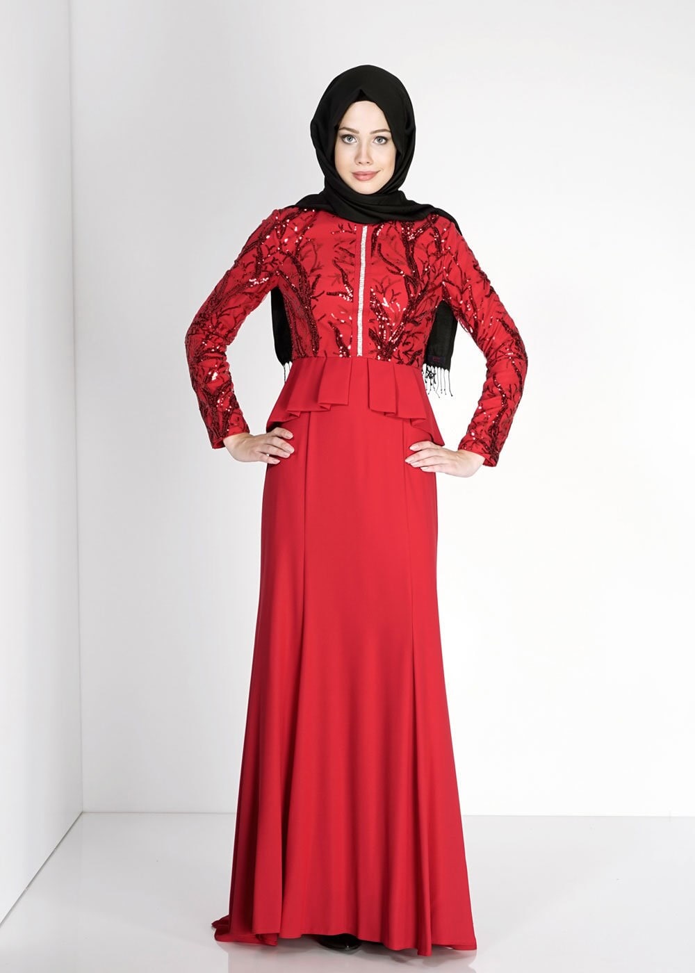 Tesettür giyim KIRMIZI PUL PAYET İŞLEMELİ ABİYE ELBİSE 5137