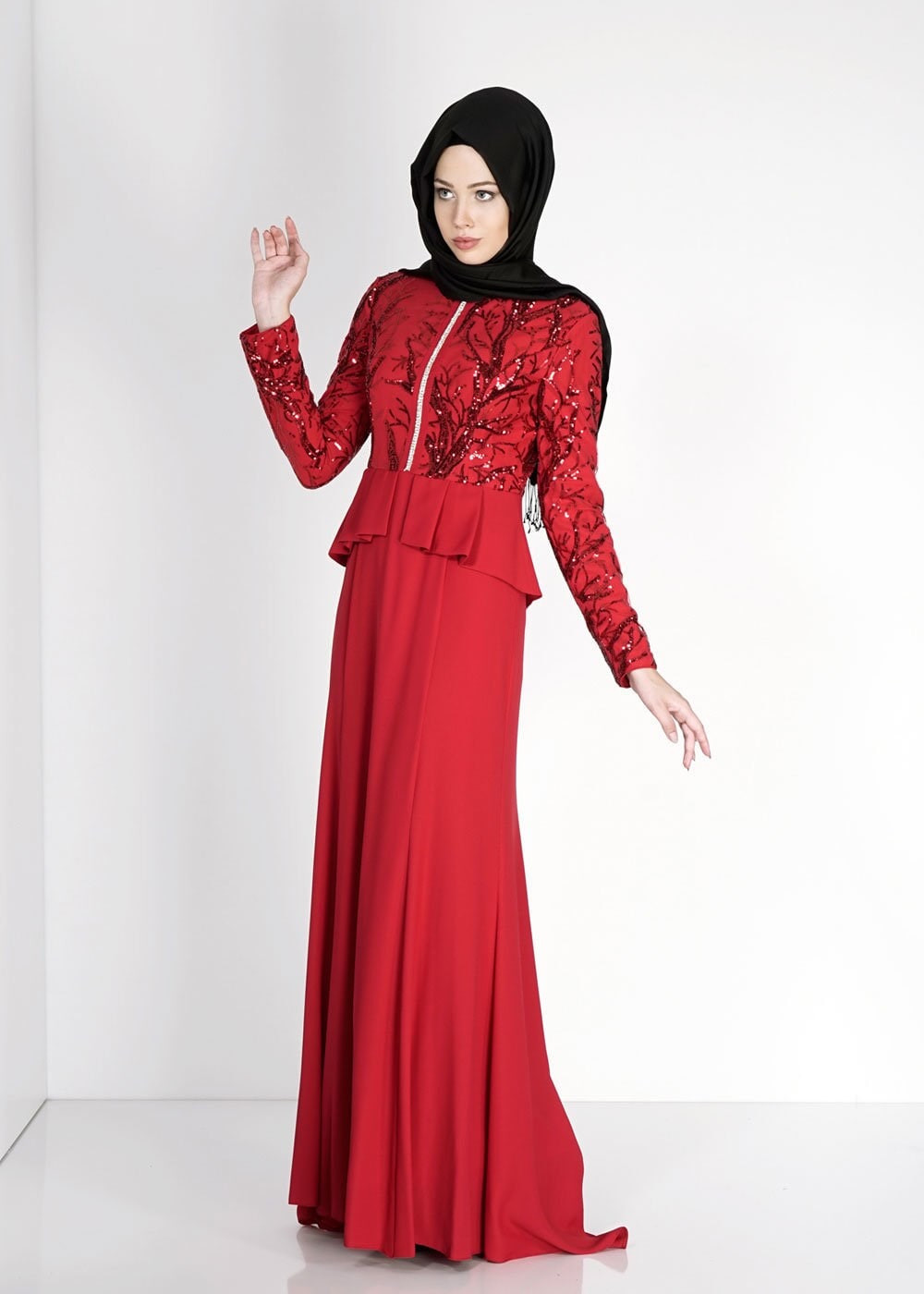 Tesettür giyim KIRMIZI PUL PAYET İŞLEMELİ ABİYE ELBİSE 5137