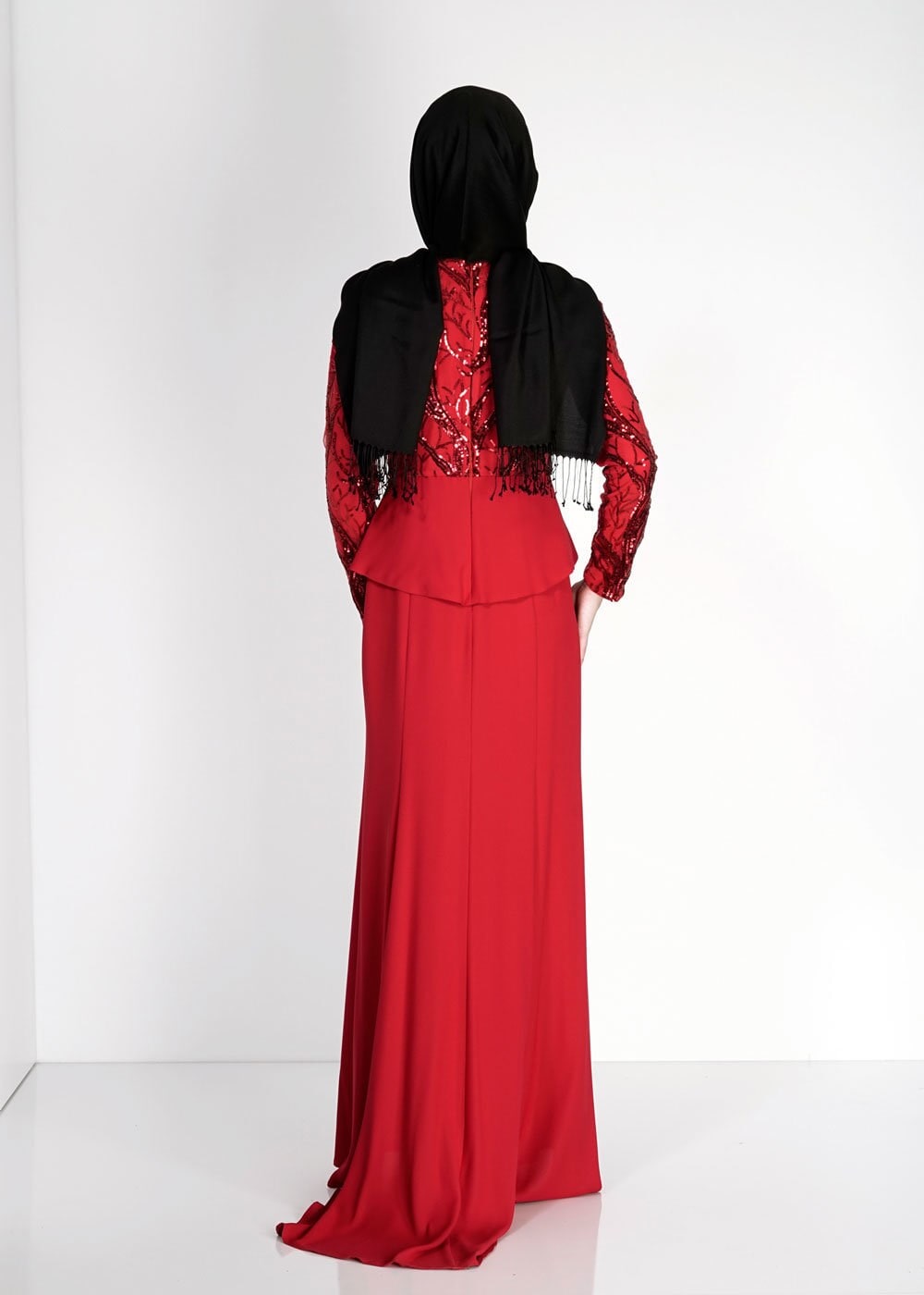 Tesettür giyim KIRMIZI PUL PAYET İŞLEMELİ ABİYE ELBİSE 5137