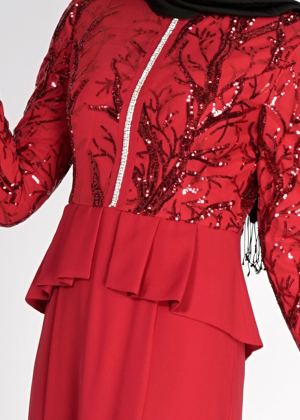 Tesettür giyim KIRMIZI PUL PAYET İŞLEMELİ ABİYE ELBİSE 5137