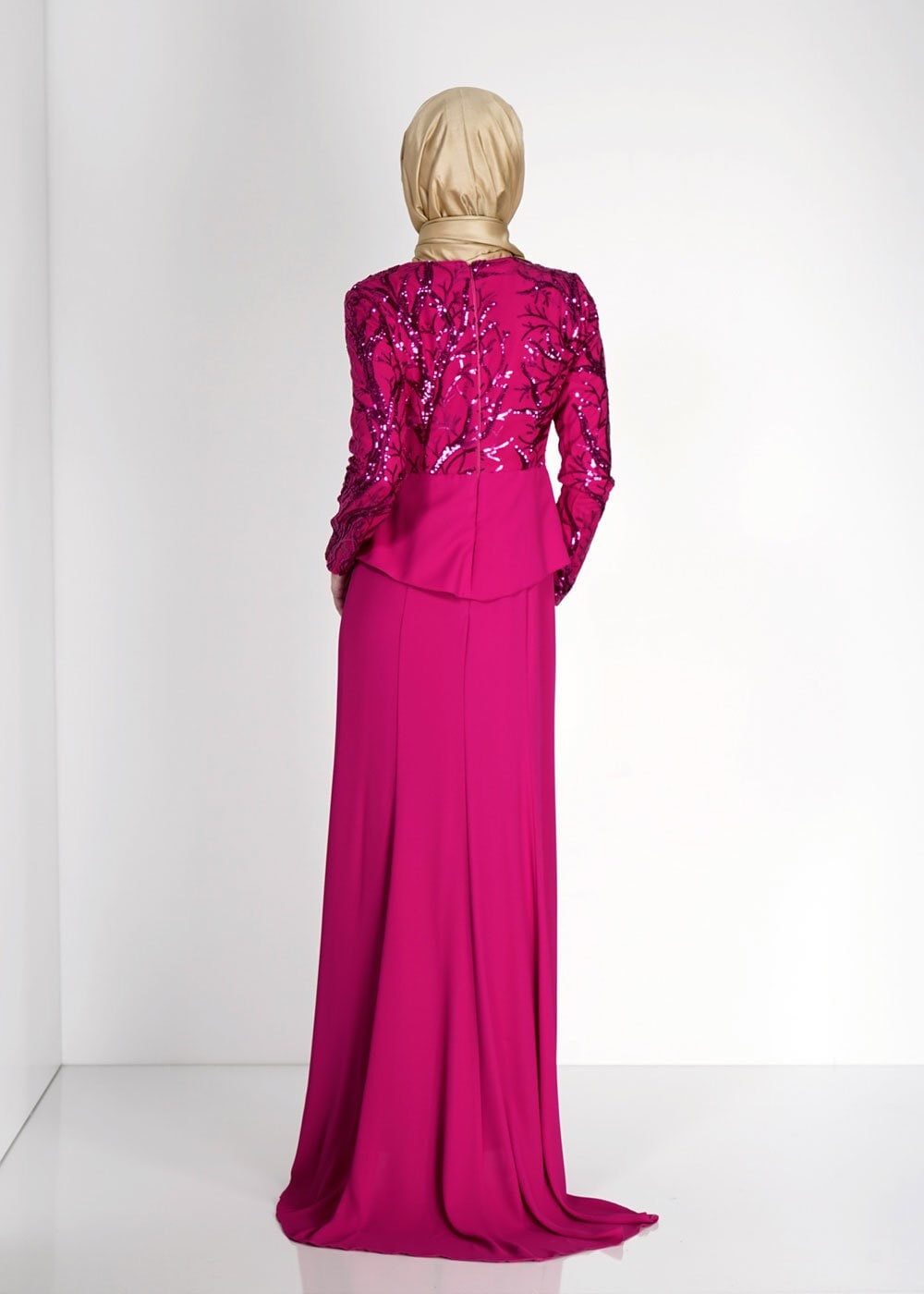 Tesettür giyim FUŞYA PUL PAYET İŞLEMELİ ABİYE ELBİSE 5137