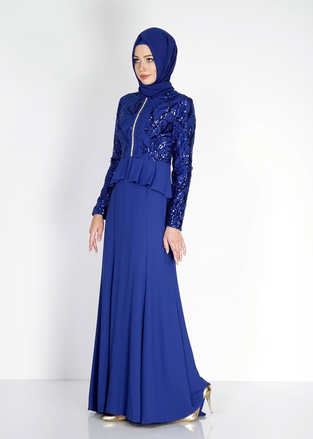 Tesettür giyim LACİVERT PUL PAYET İŞLEMELİ ABİYE ELBİSE 5137