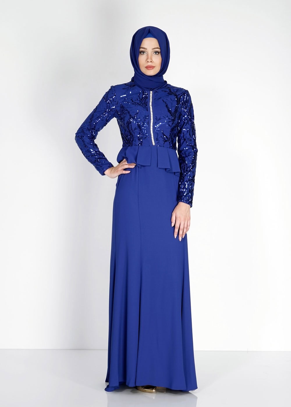 Tesettür giyim LACİVERT PUL PAYET İŞLEMELİ ABİYE ELBİSE 5137