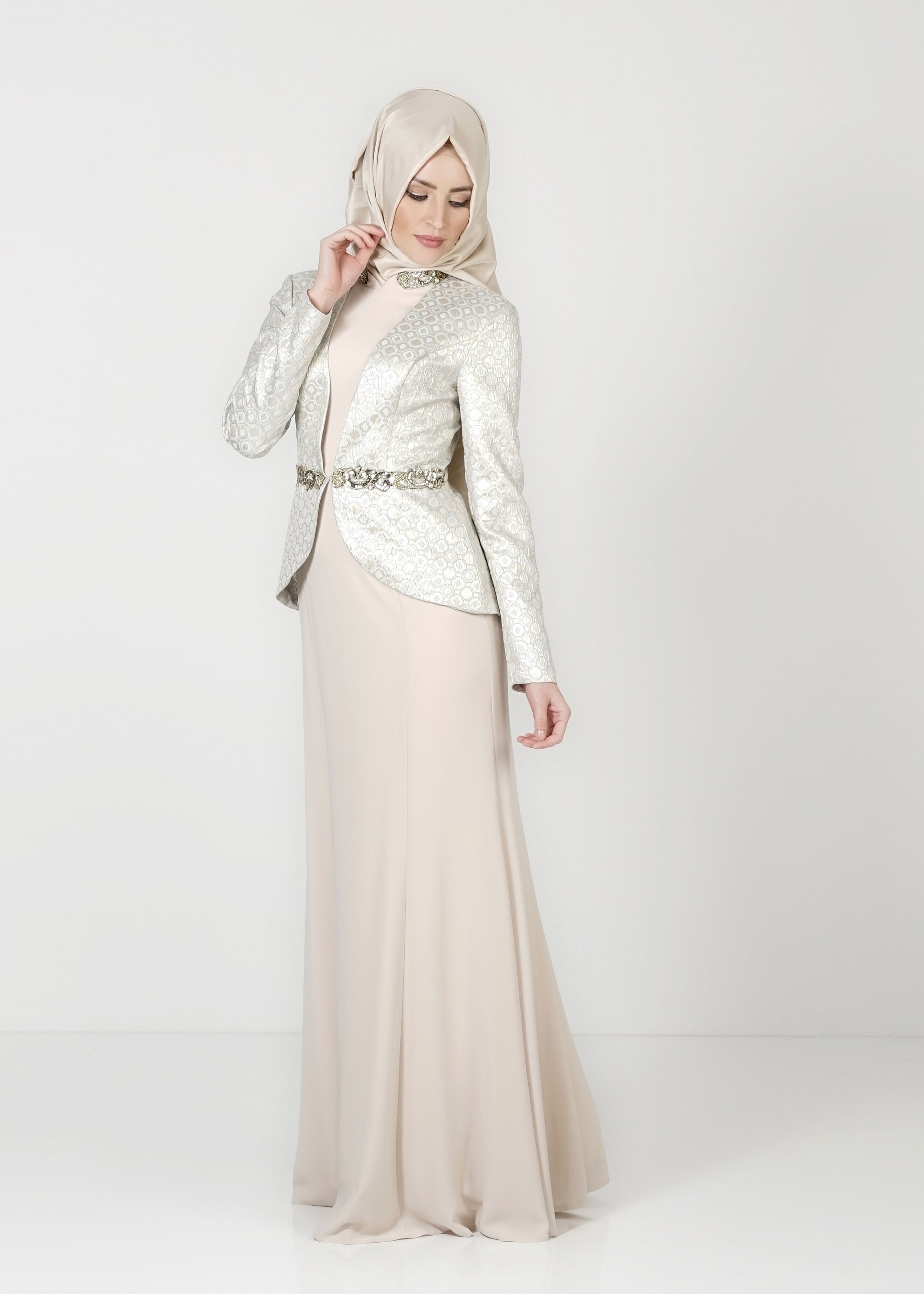 Tesettür giyim MAVİ TAŞ İŞLEMELİ DESENLİ ABİYE ELBİSE 5148