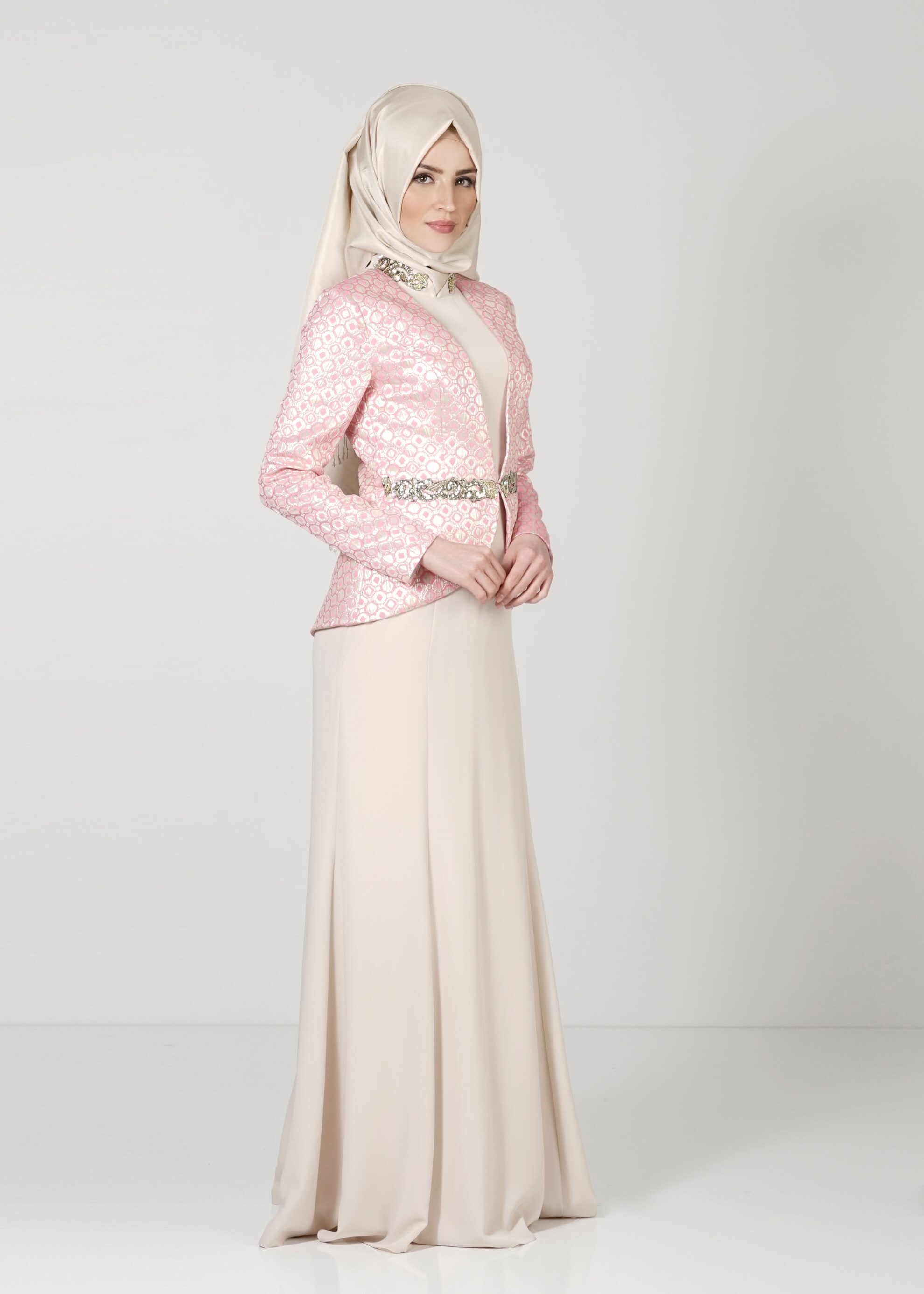 Tesettür giyim FUŞYA TAŞ İŞLEMELİ DESENLİ ABİYE ELBİSE 5148