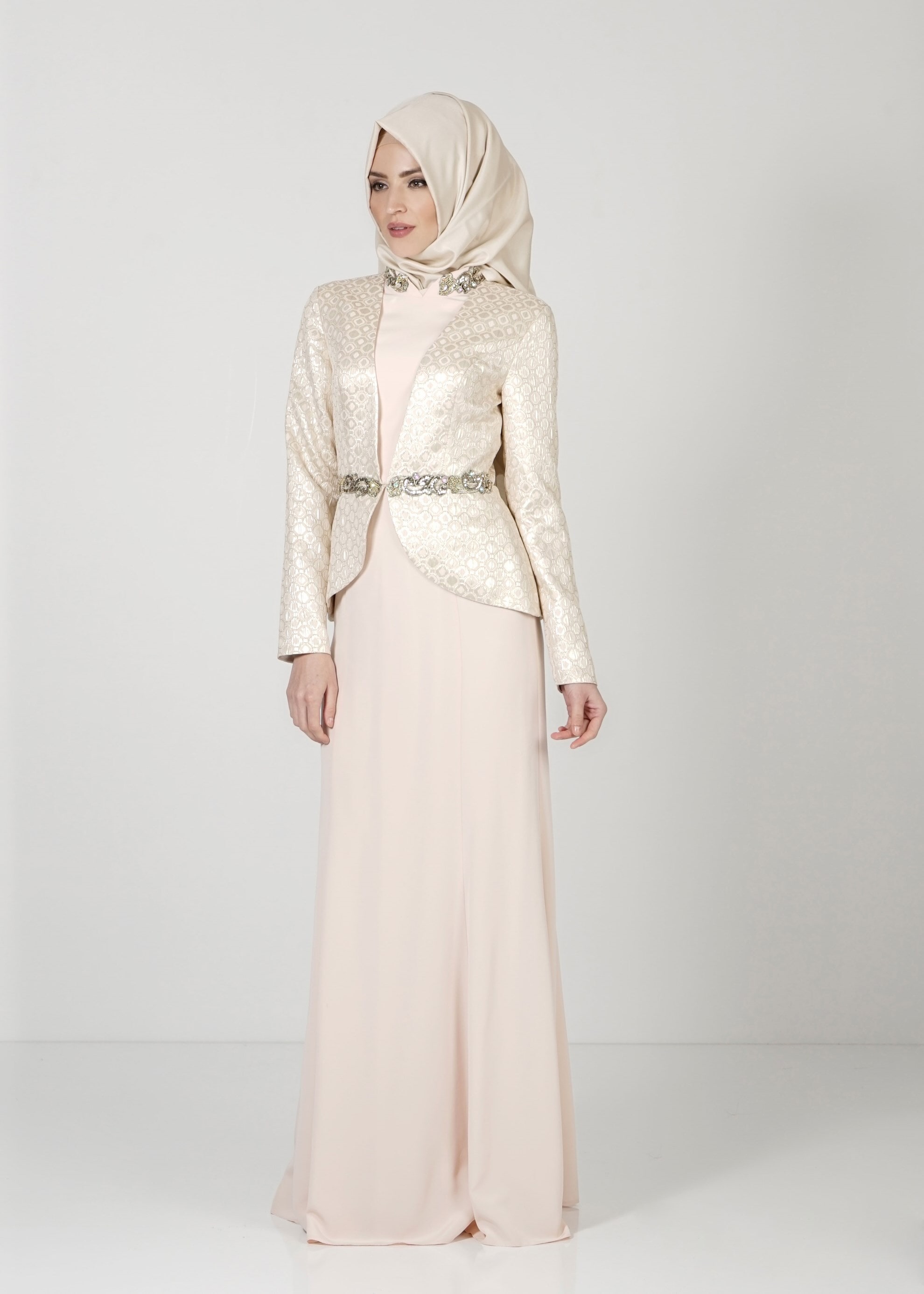 Tesettür giyim PUDRA TAŞ İŞLEMELİ DESENLİ ABİYE ELBİSE 5148