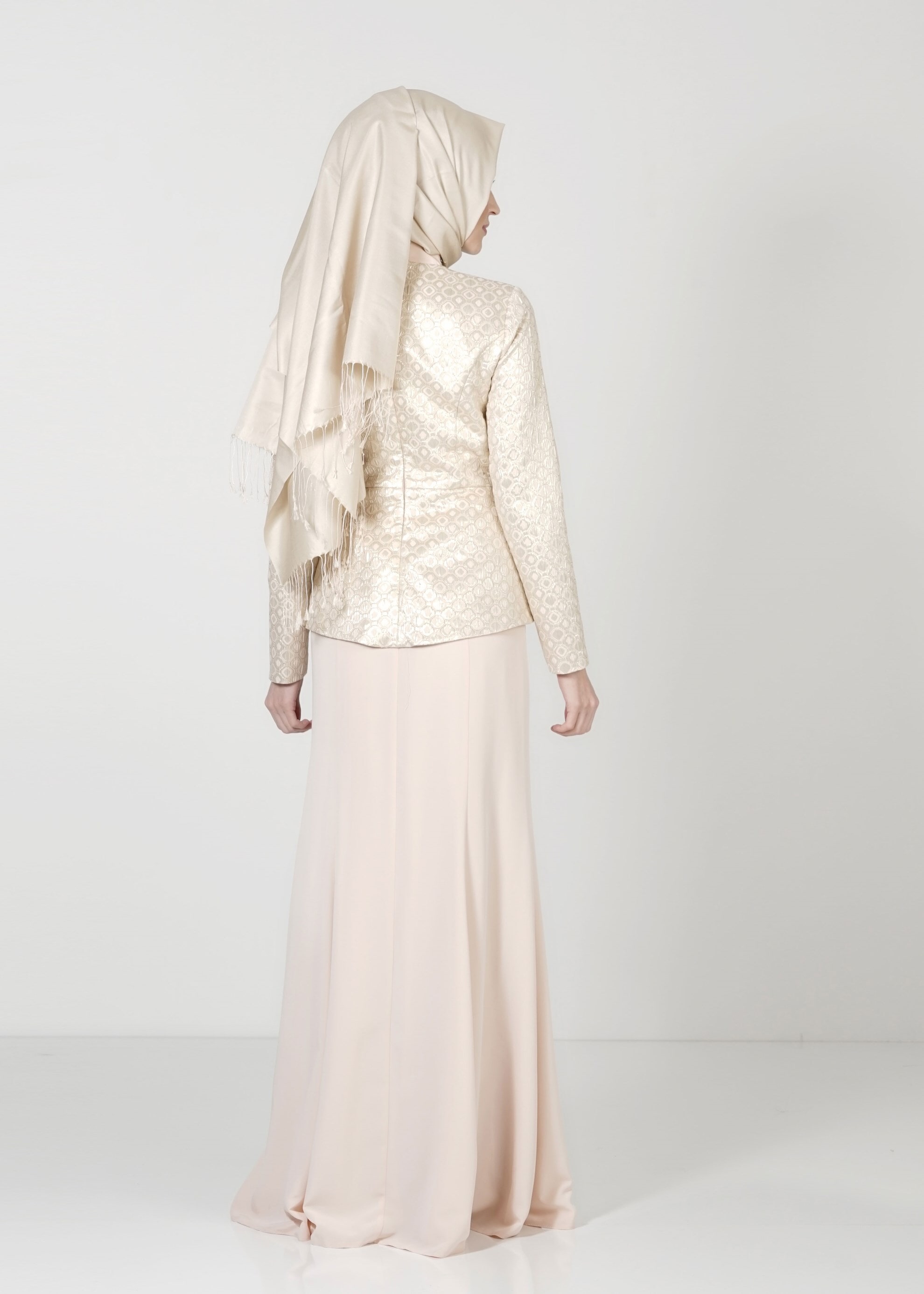 Tesettür giyim PUDRA TAŞ İŞLEMELİ DESENLİ ABİYE ELBİSE 5148