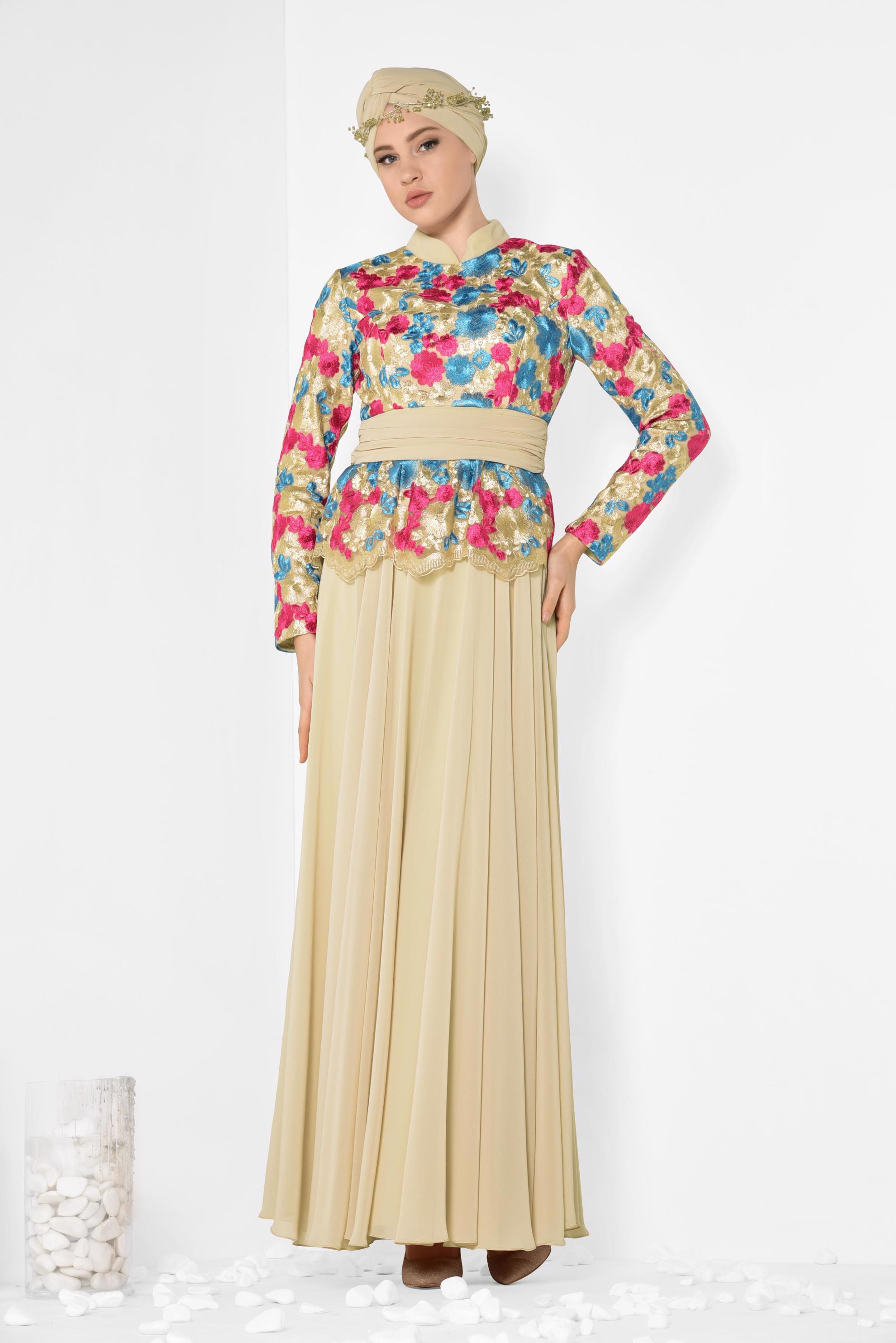 Tesettür giyim FUŞYA BELİ KUŞAK DETAYLI ÇİÇEKLİ ABİYE 5153 