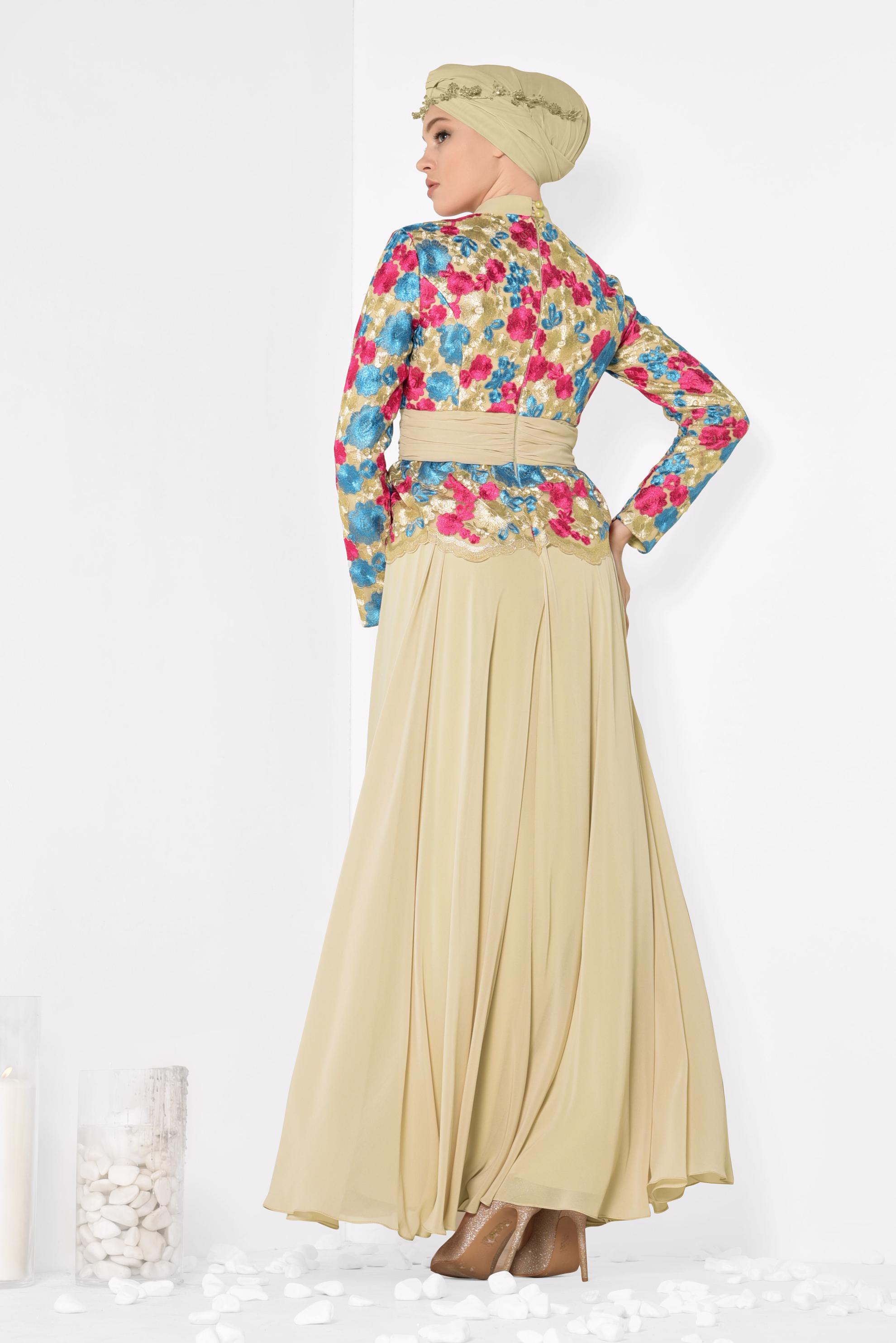 Tesettür giyim FUŞYA BELİ KUŞAK DETAYLI ÇİÇEKLİ ABİYE 5153 