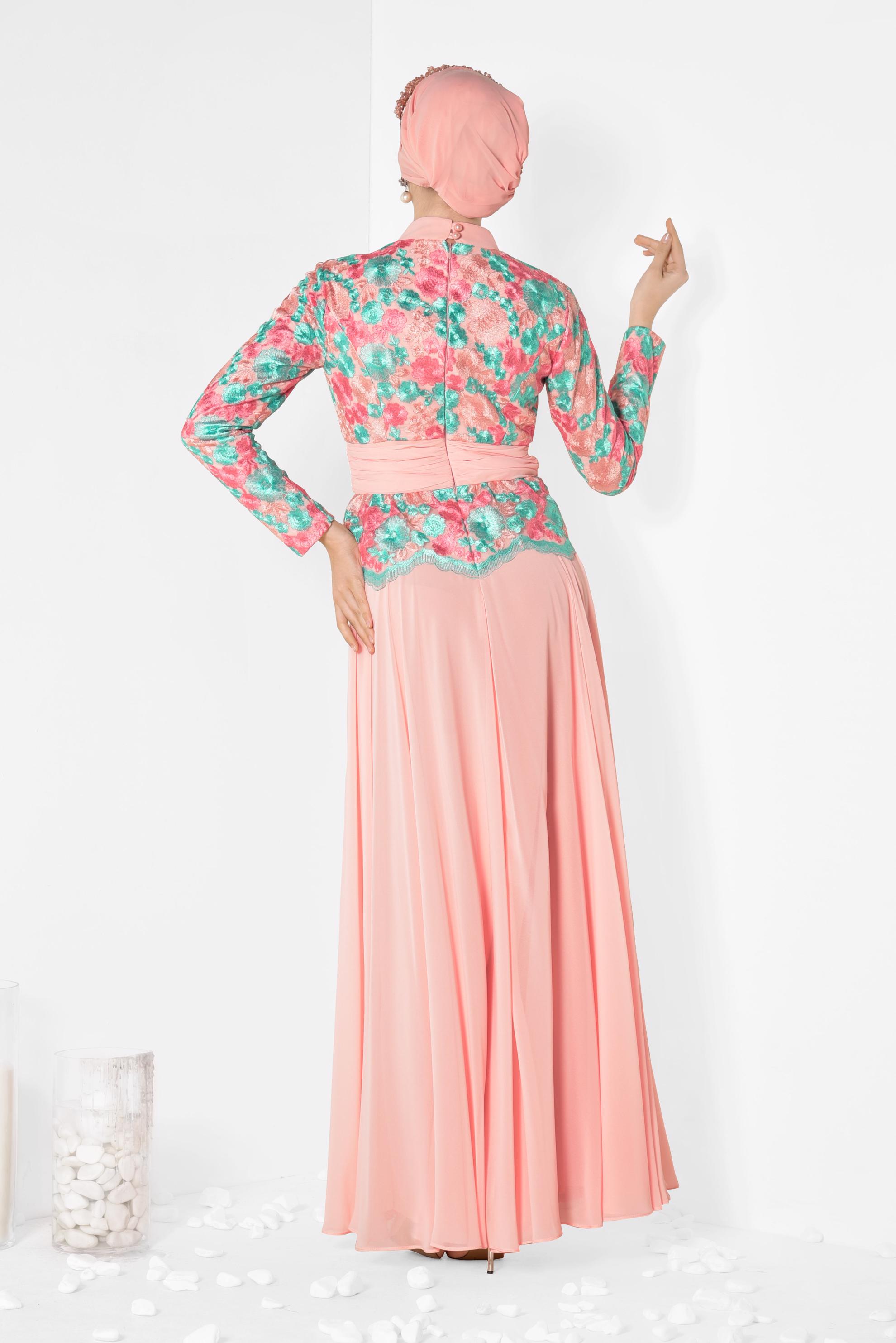 Tesettür giyim YEŞİL BELİ KUŞAK DETAYLI ÇİÇEKLİ ABİYE 5153 