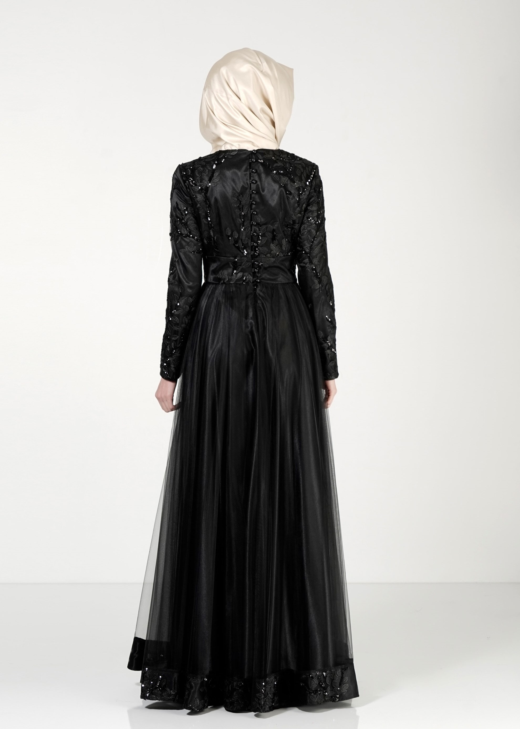 Tesettür giyim SİYAH PUL PAYET İŞLEMELİ ABİYE ELBİSE 5154 