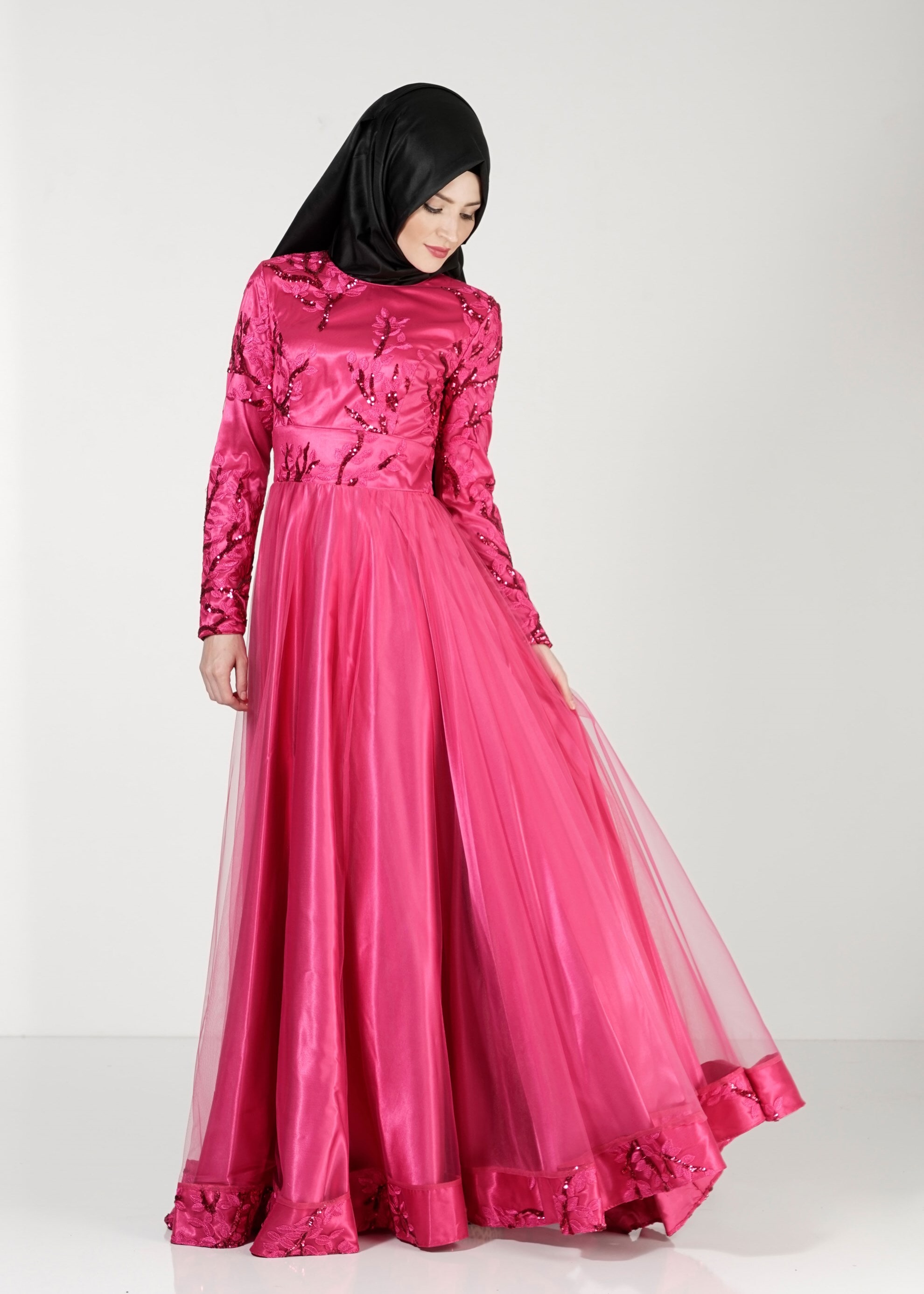 Tesettür giyim FUŞYA PUL PAYET İŞLEMELİ ABİYE ELBİSE 5154 