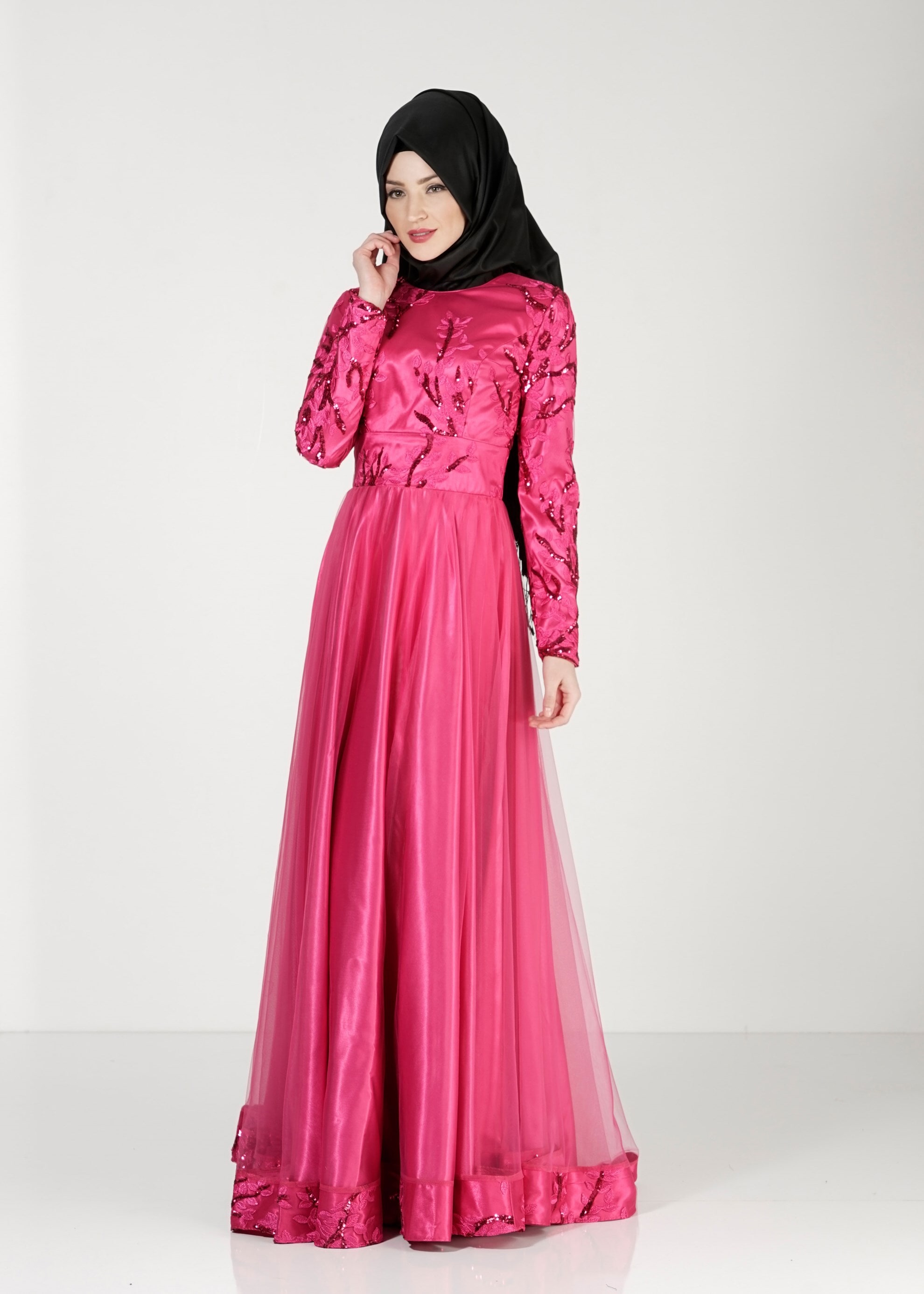 Tesettür giyim FUŞYA PUL PAYET İŞLEMELİ ABİYE ELBİSE 5154 