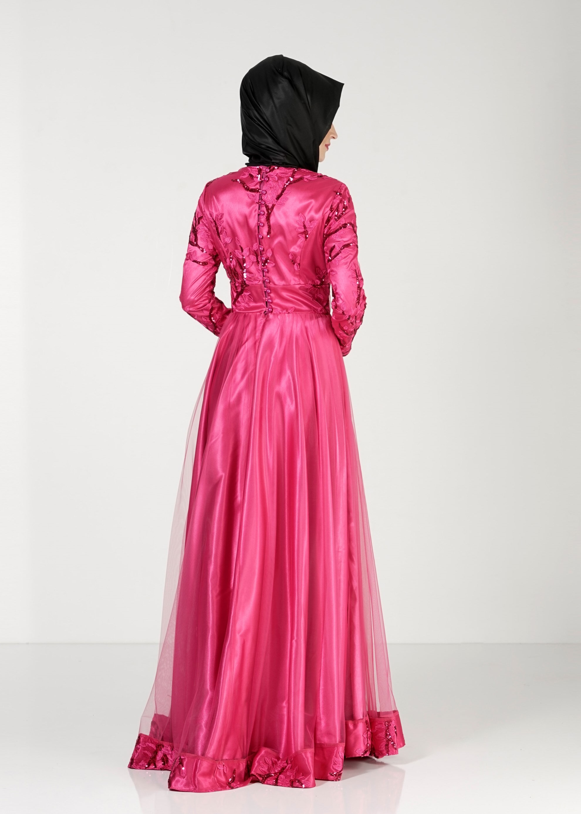 Tesettür giyim FUŞYA PUL PAYET İŞLEMELİ ABİYE ELBİSE 5154 