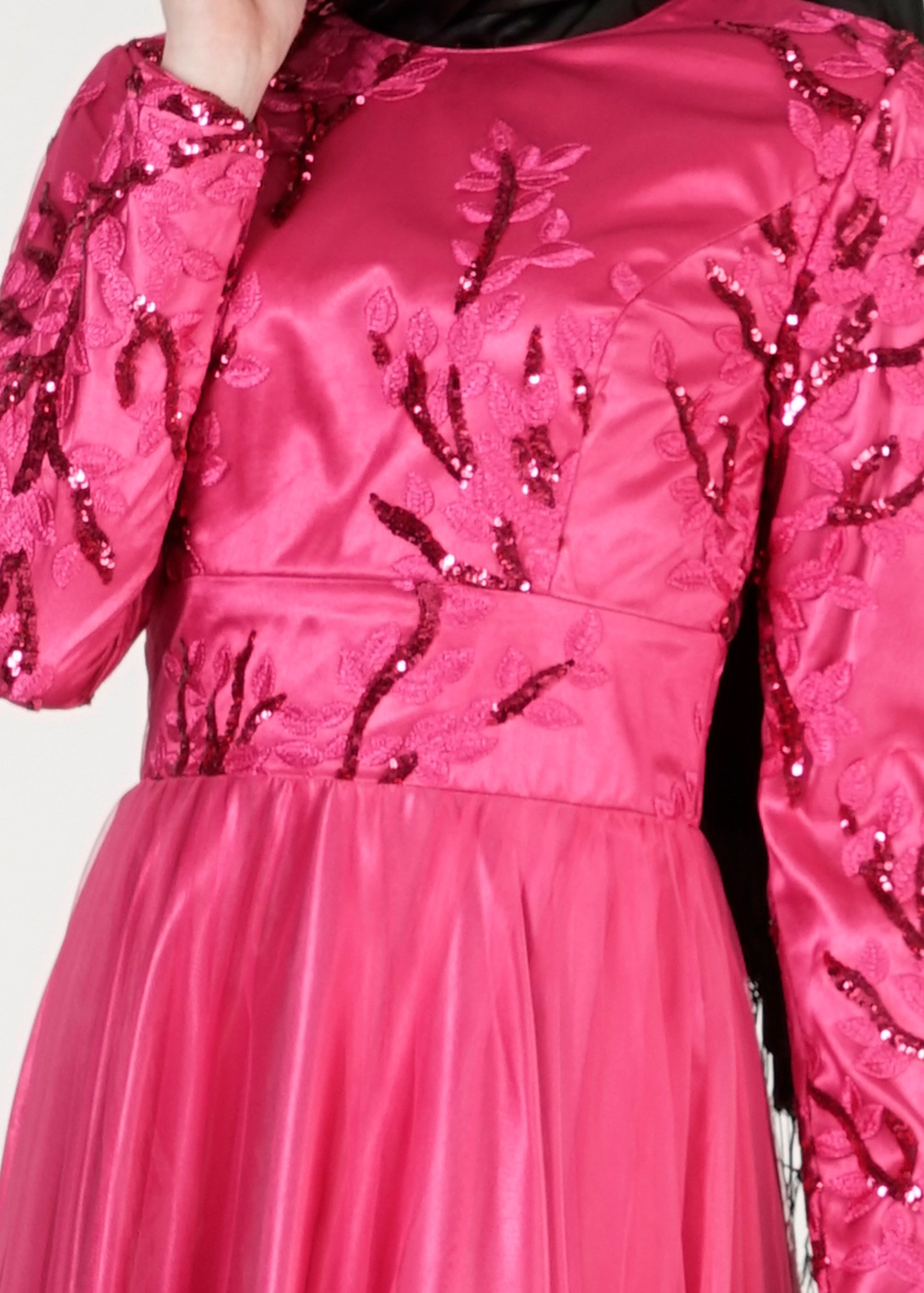 Tesettür giyim FUŞYA PUL PAYET İŞLEMELİ ABİYE ELBİSE 5154 