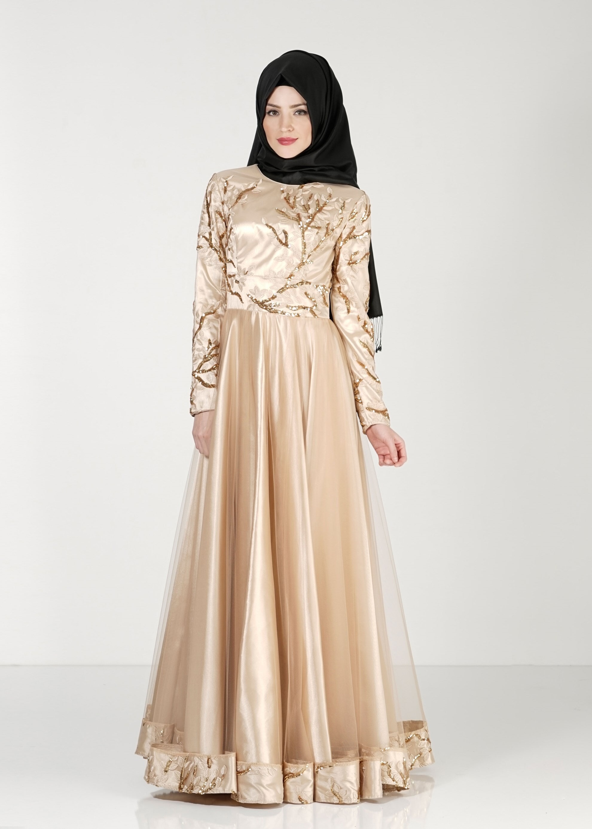 Tesettür giyim ALTIN PUL PAYET İŞLEMELİ ABİYE ELBİSE 5154 
