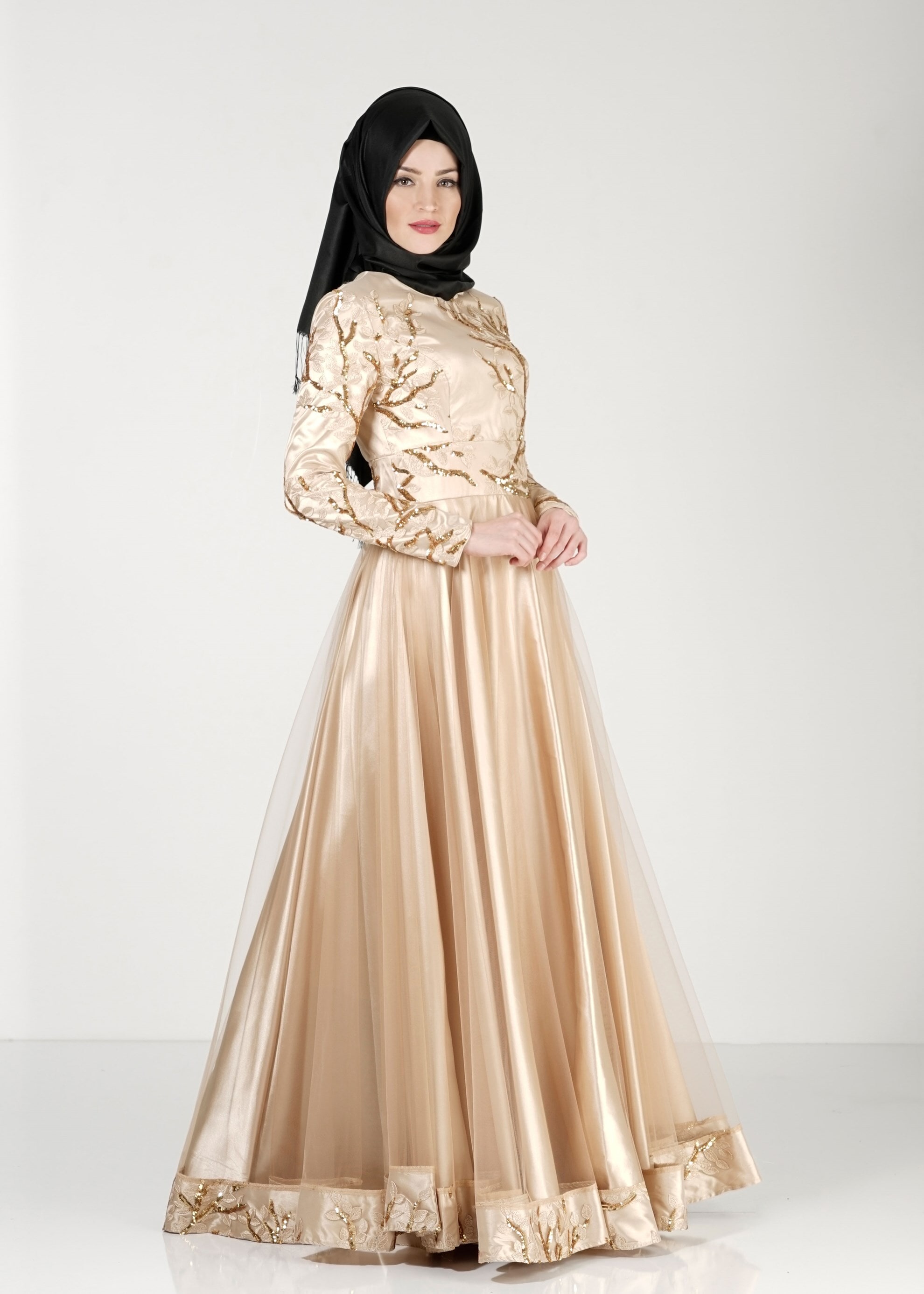 Tesettür giyim ALTIN PUL PAYET İŞLEMELİ ABİYE ELBİSE 5154 