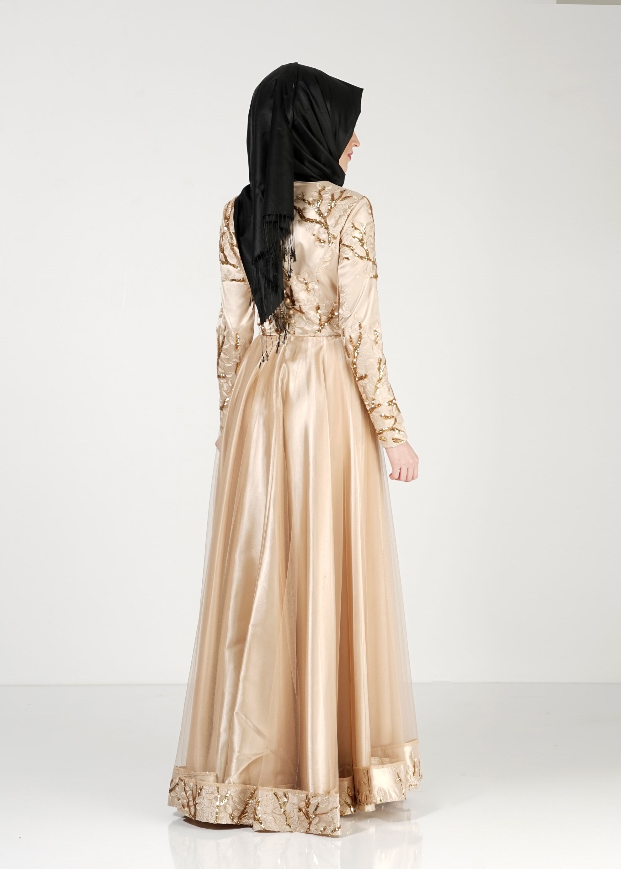 Tesettür giyim ALTIN PUL PAYET İŞLEMELİ ABİYE ELBİSE 5154 