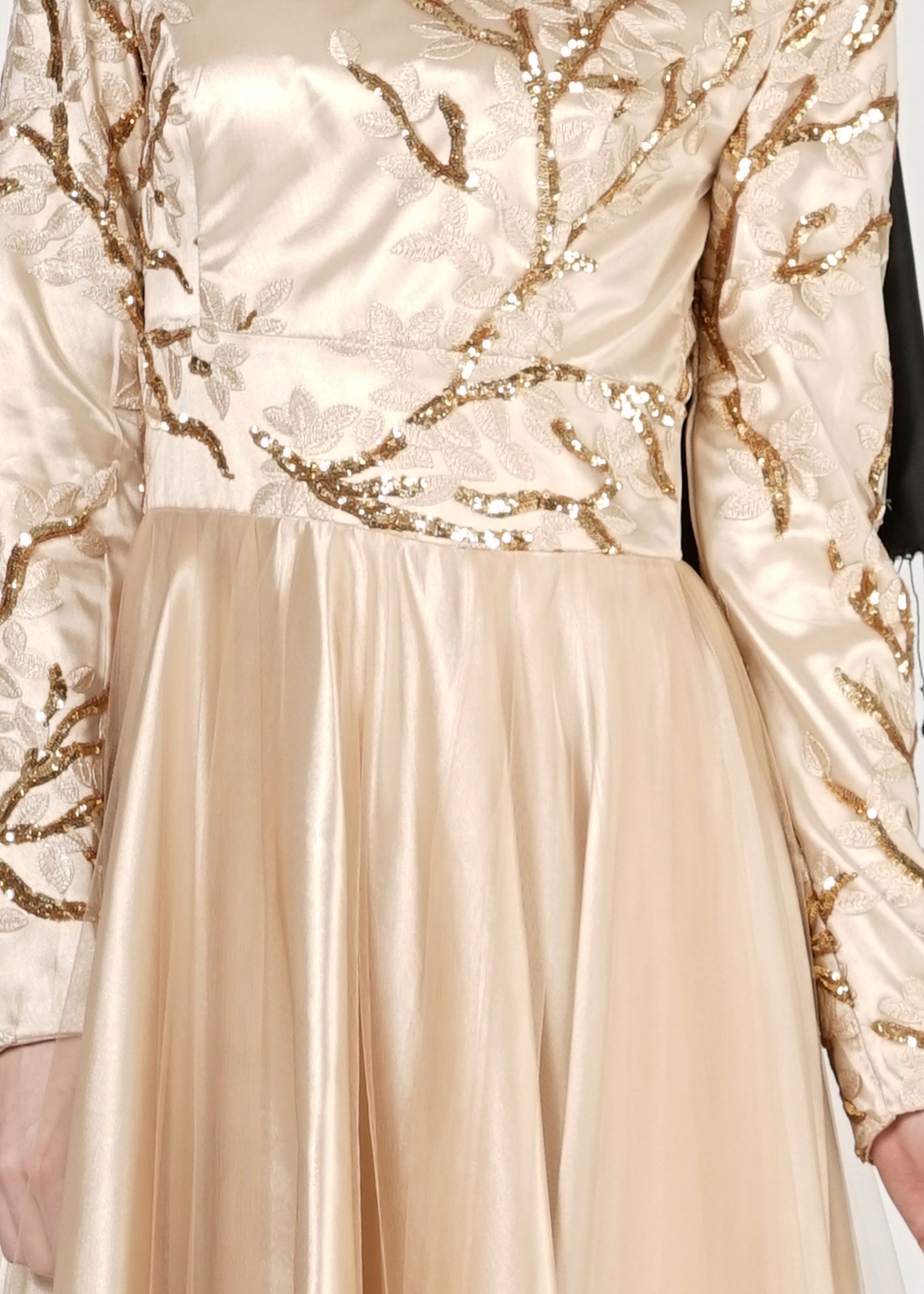 Tesettür giyim ALTIN PUL PAYET İŞLEMELİ ABİYE ELBİSE 5154 