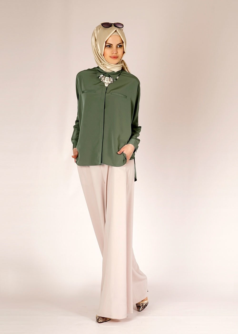 Tesettür giyim HAKİ 4475 CARETTA BLUZ 36/46 TEK40
