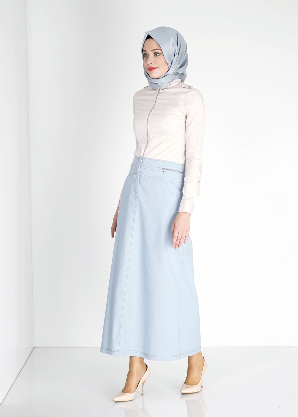 Tesettür giyim EKRU FERMUAR DETAYLI BLUZ 4768 