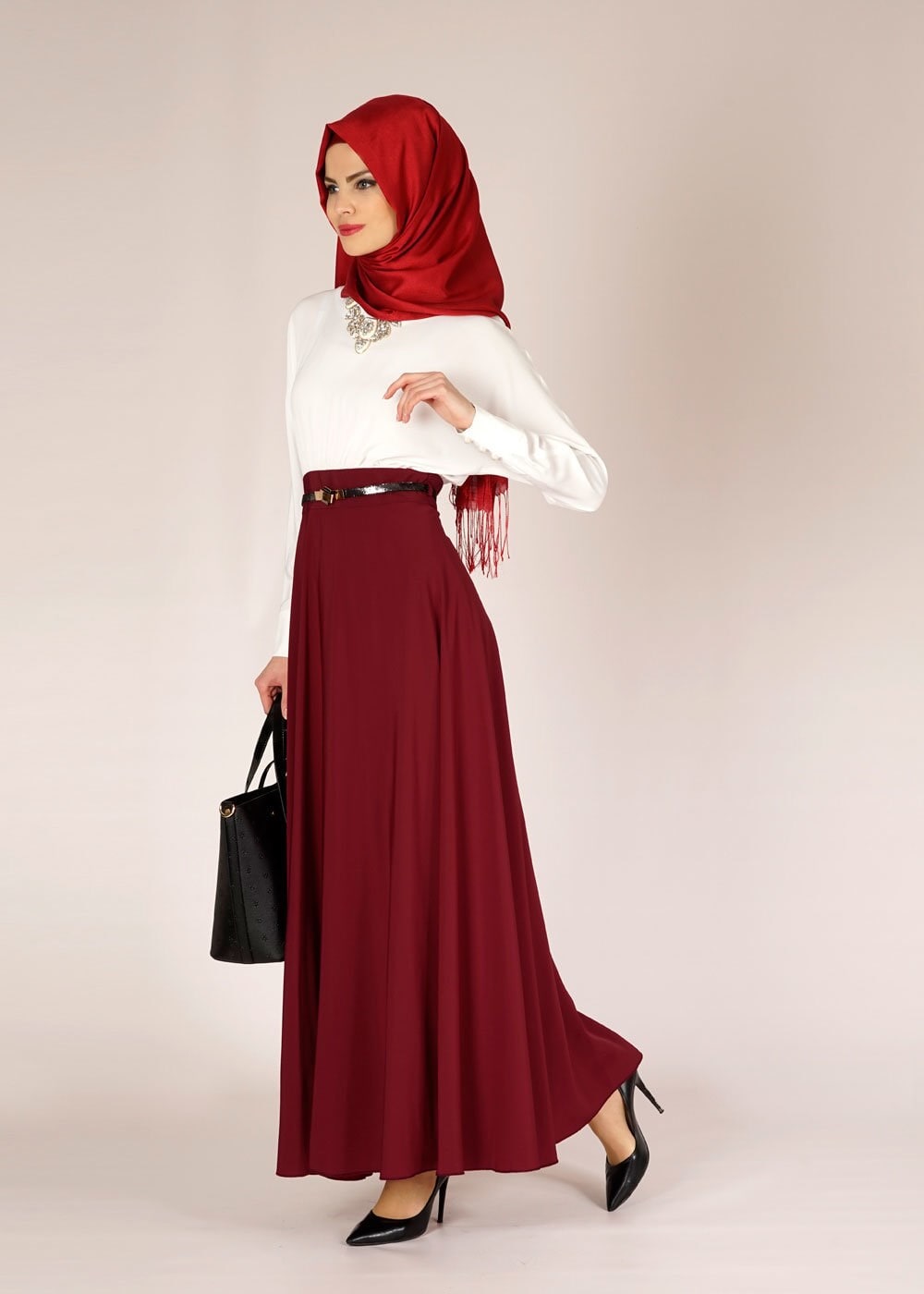 Tesettür giyim BORDO TESETTÜR ELBİSE 4504 