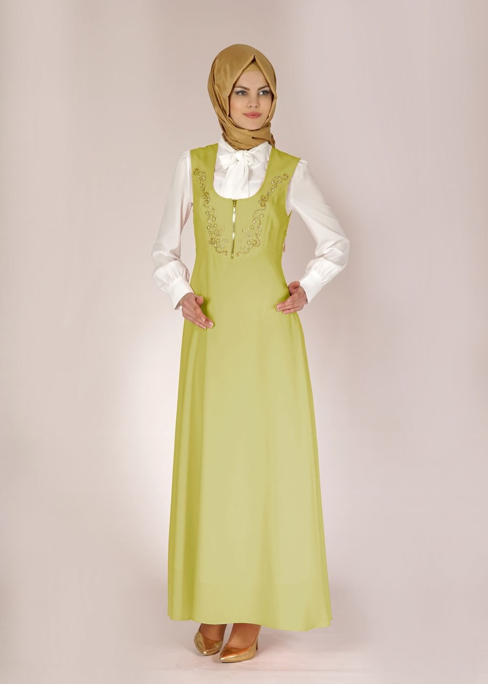 Tesettür giyim YEŞİL İŞLEME DETAYLI FERMUARLI İKİLİ ELBİSE 4630