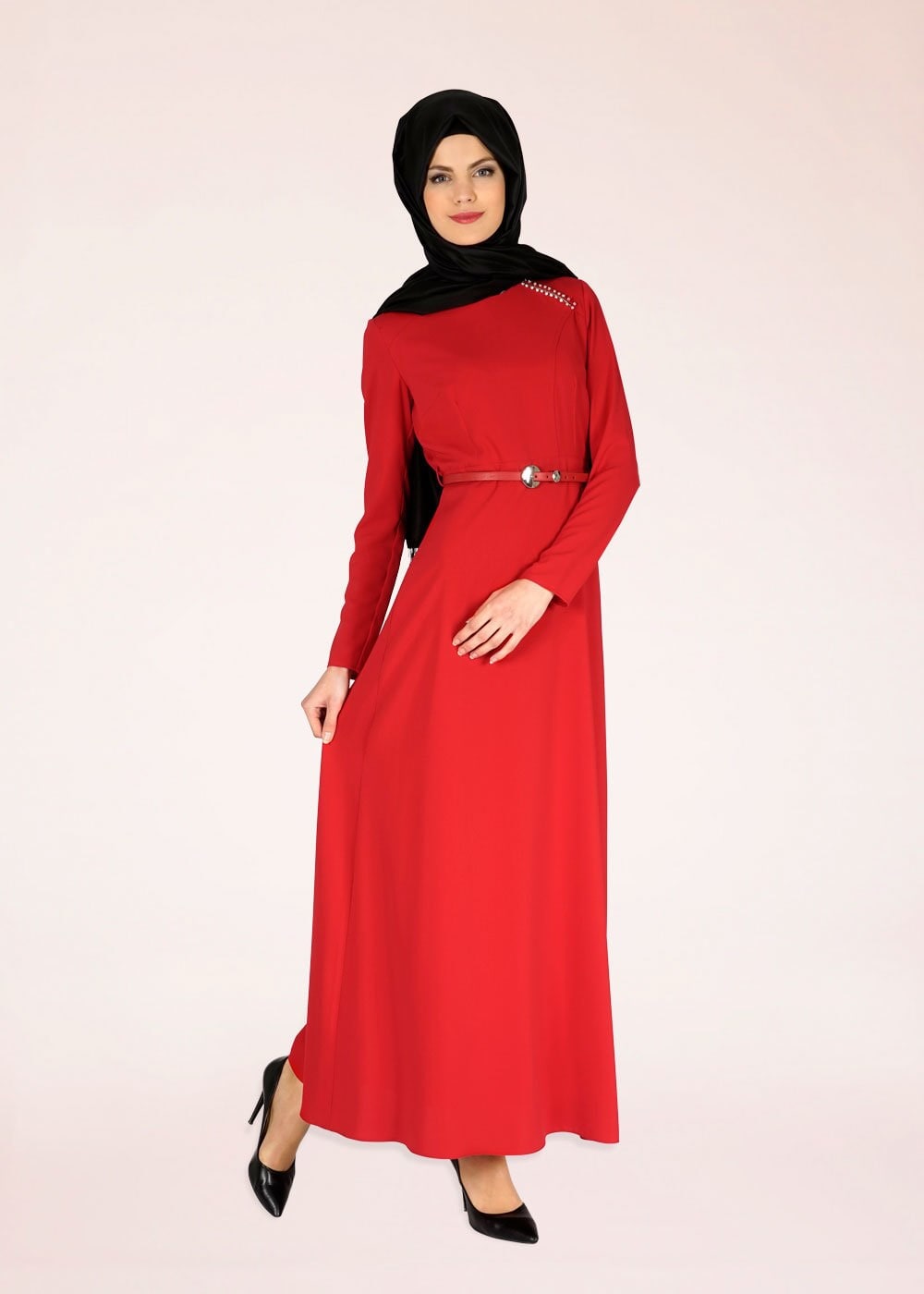 Tesettür giyim KIRMIZI 4686 Farah Tesettür Elbise